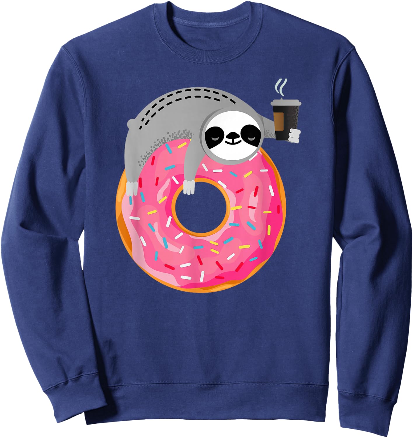 Sloth On Donut With Cup Of Steaming Coffee Sweatshirt - Sweatshirt | Navy