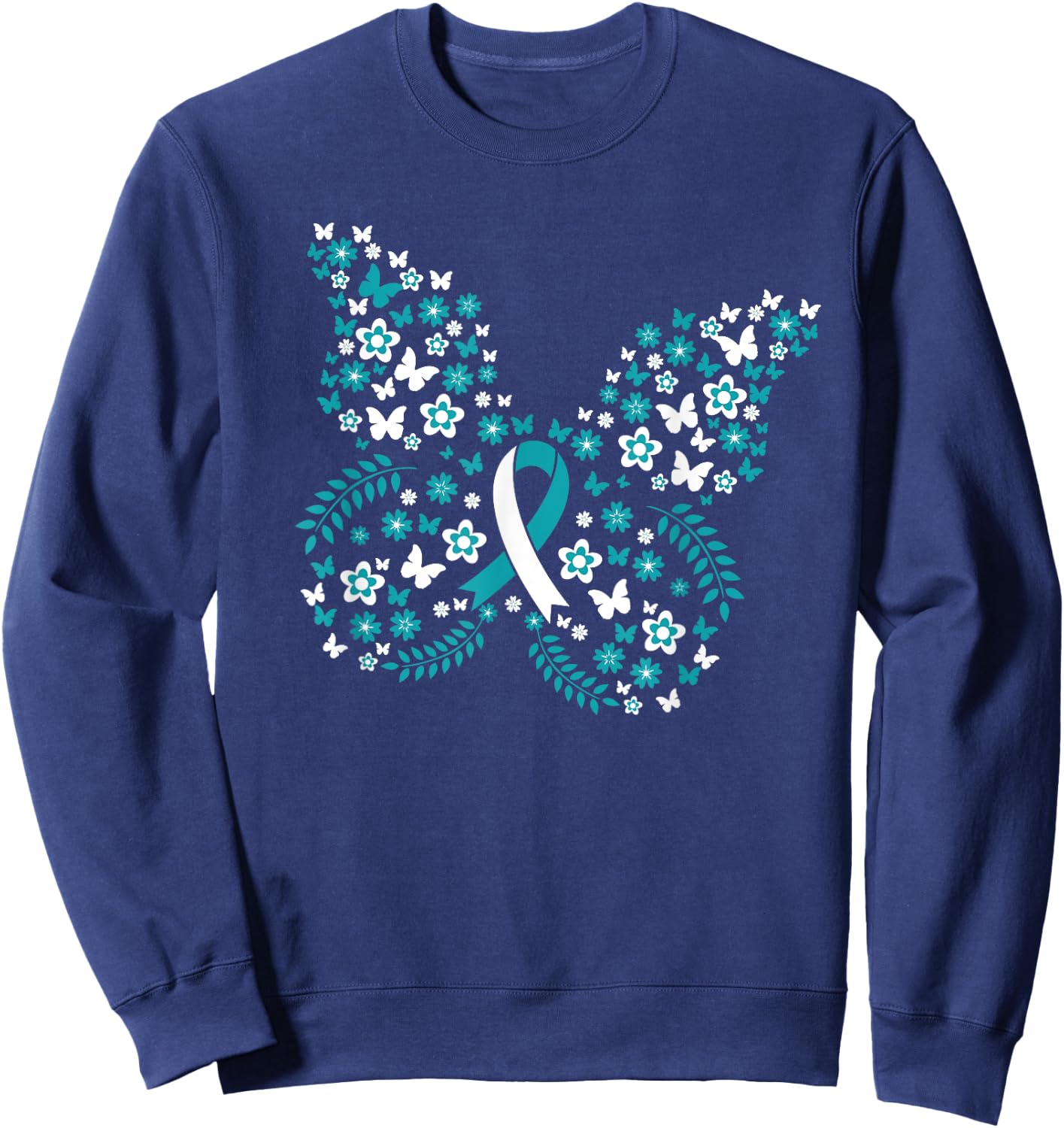 Flower Butterfly Cervical Cancer Awareness Ribbon Gifts Sweatshirt - Sweatshirt | Navy