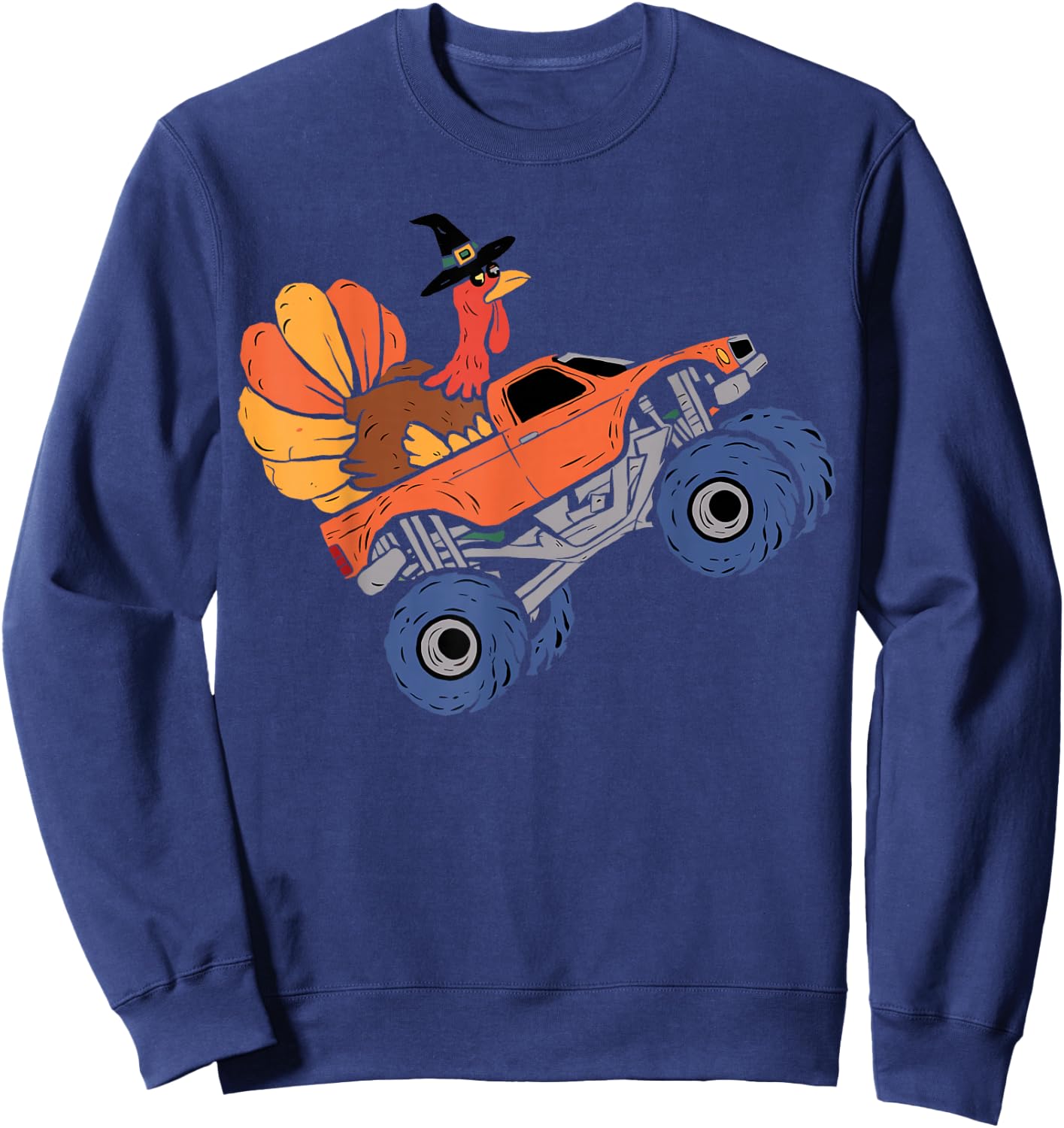 Thanksgiving Turkey Riding Monster Truck Kids Boys Sweatshirt - Sweatshirt | Navy