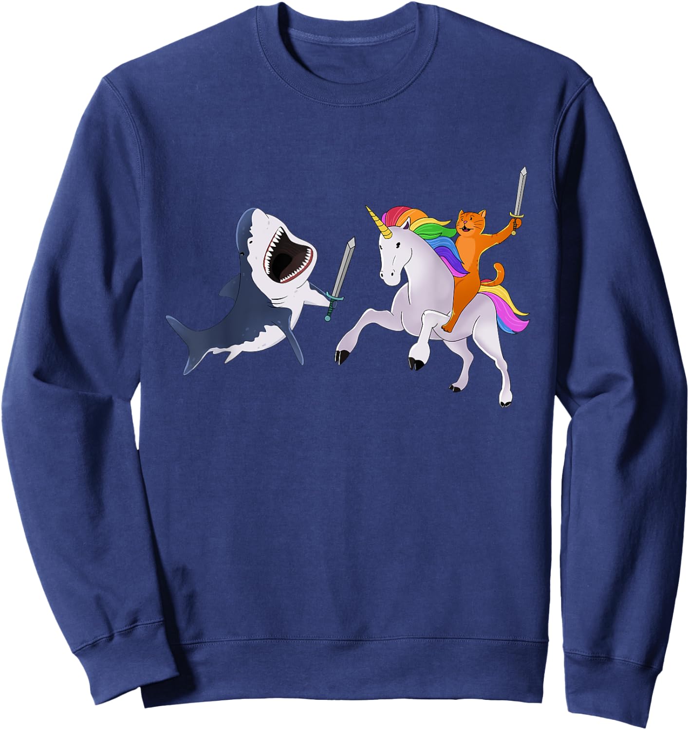 Funny Cat Riding Magical Unicorn Sword Fighting Shark Sweatshirt - Sweatshirt | Navy