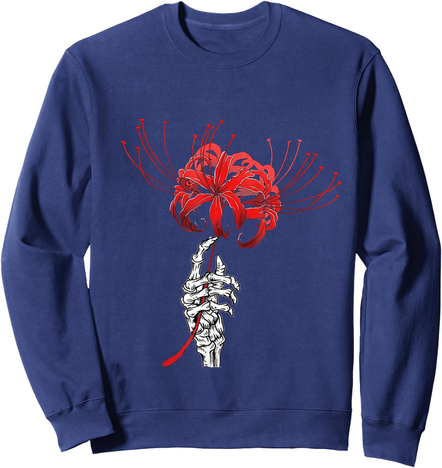 Skeleton Hand Holding Red Spider Lily Aesthetic Red Flower Sweatshirt - Sweatshirt | Navy