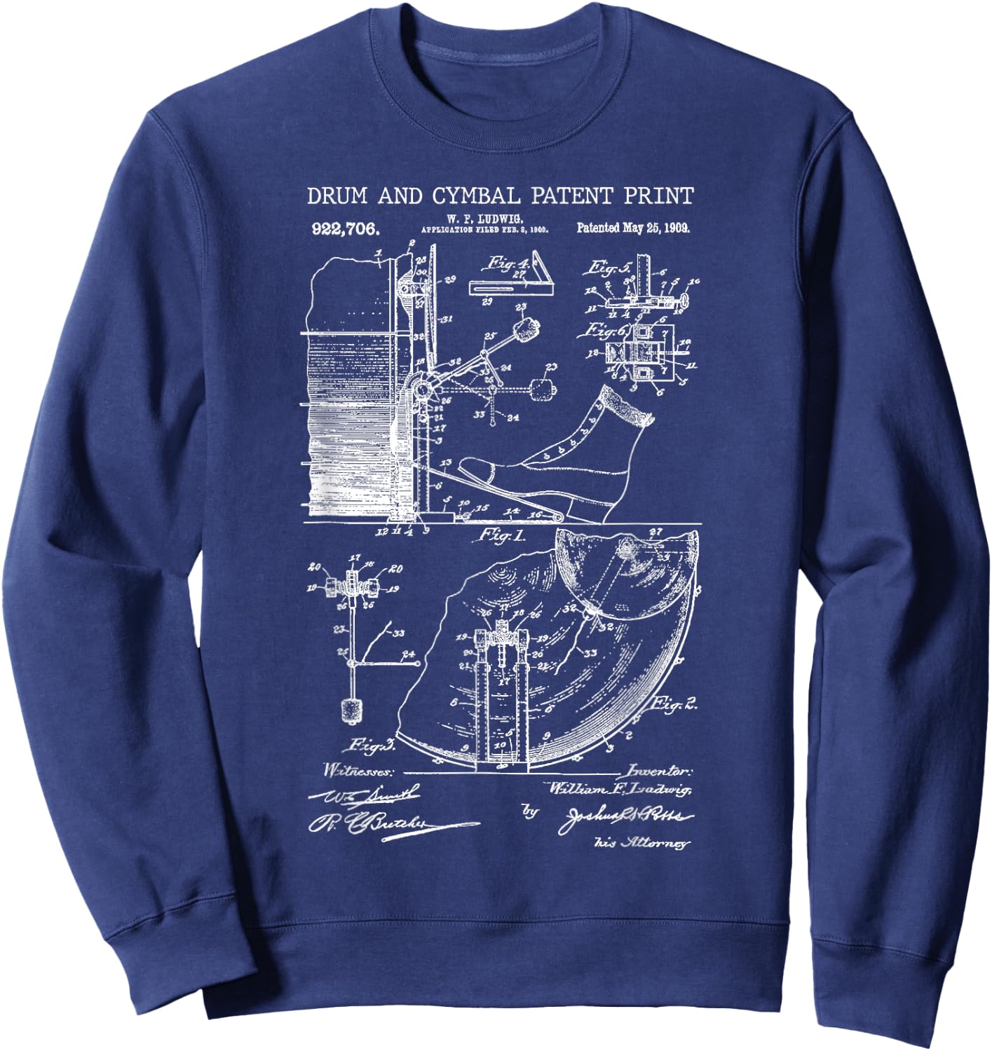 Drum And Cymbal Patent Print 1909 - Vintage Patent Music Art Sweatshirt - Sweatshirt | Navy