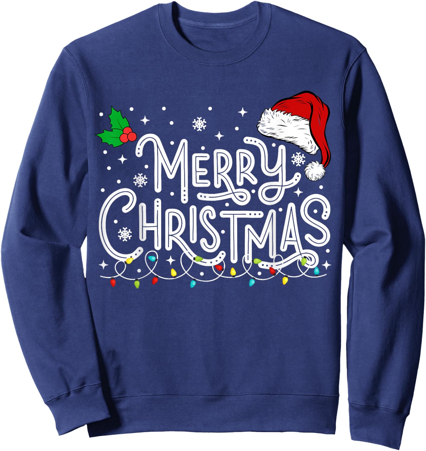 Merry Christmas Lights Red Santa Hat Xmas Family Men Women Sweatshirt - Sweatshirt | Navy