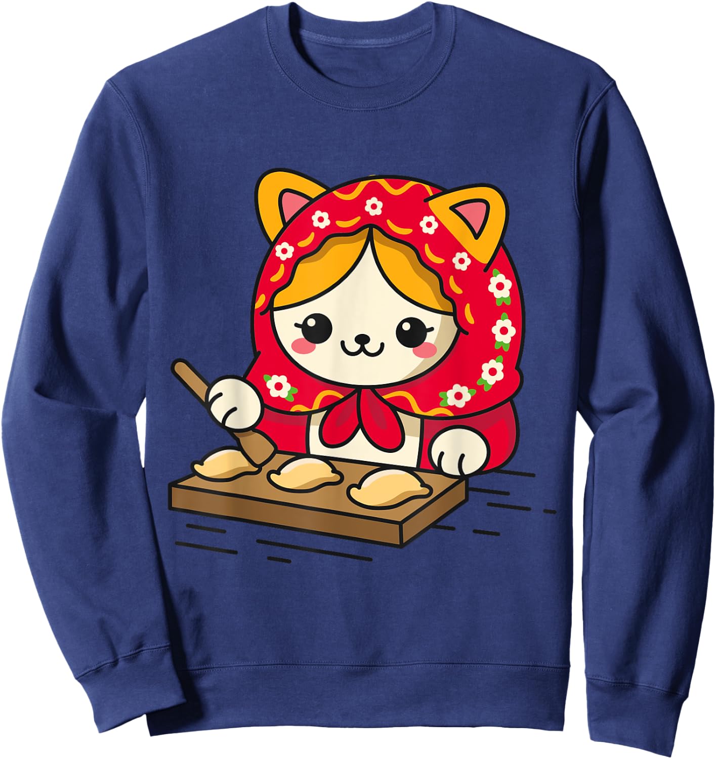 Cute Cat Wearing Head Scarf Making Pierogi Polish Men Women Kids Sweatshirt - Sweatshirt | Navy