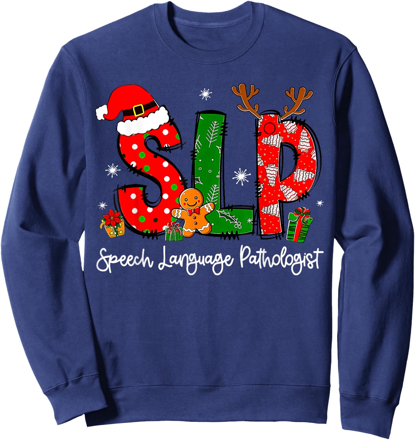 Speech Language Pathologist Reindeer Santa Hat SLP Christmas Sweatshirt - Sweatshirt | Navy