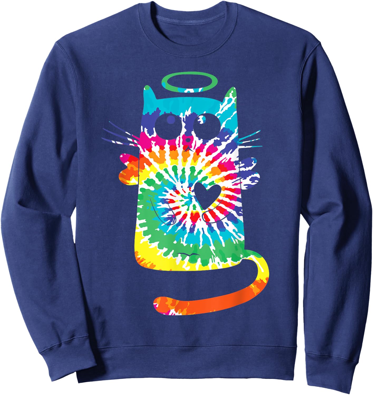 Fun Cat Hippie Rainbow Tie Dye Angel Cat with Heart and Halo Women Kids Sweatshirt - Sweatshirt | Navy