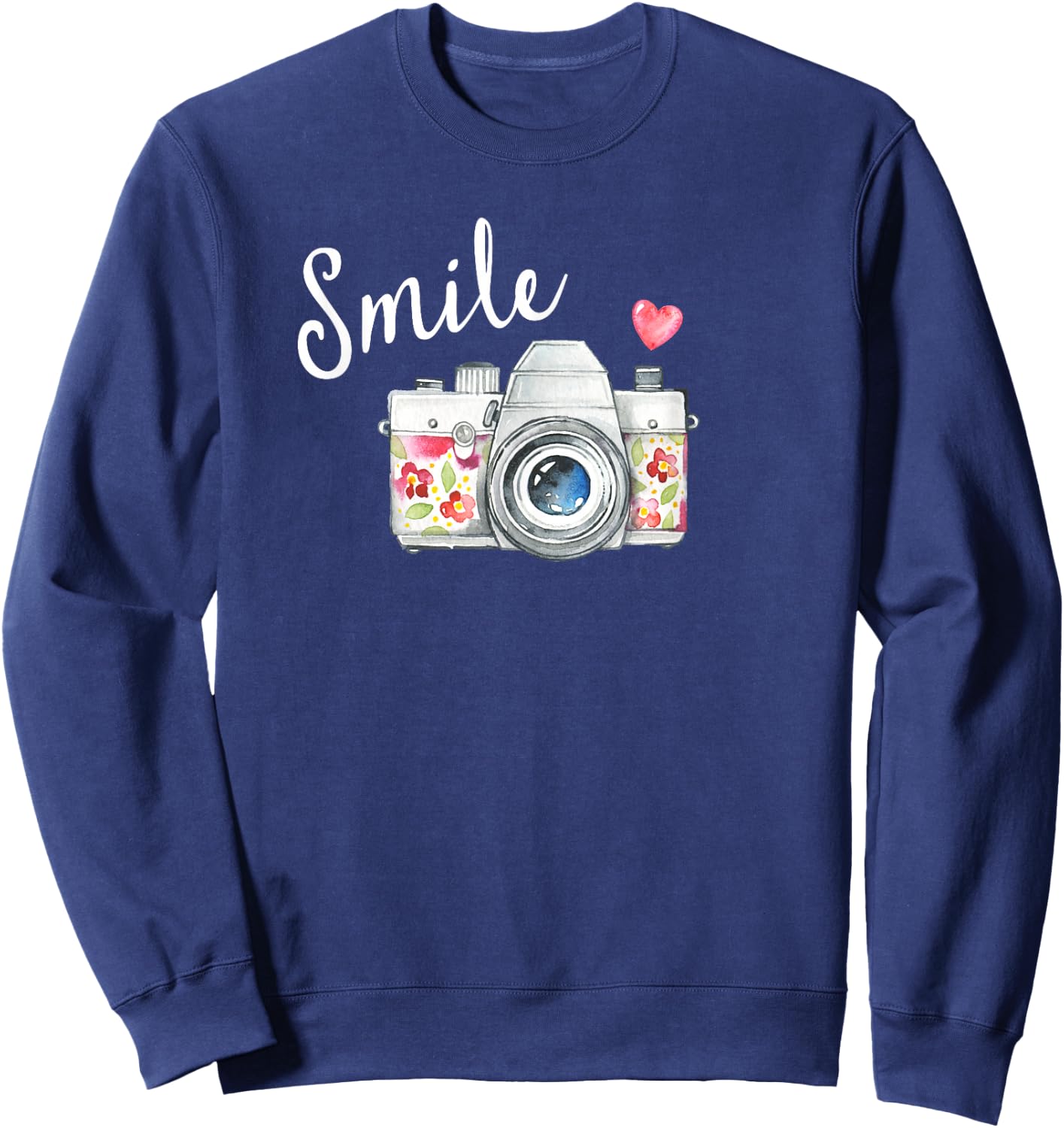 Vintage Camera T Shirt, Smile Quote Flower Design for Girls Sweatshirt - Sweatshirt | Navy