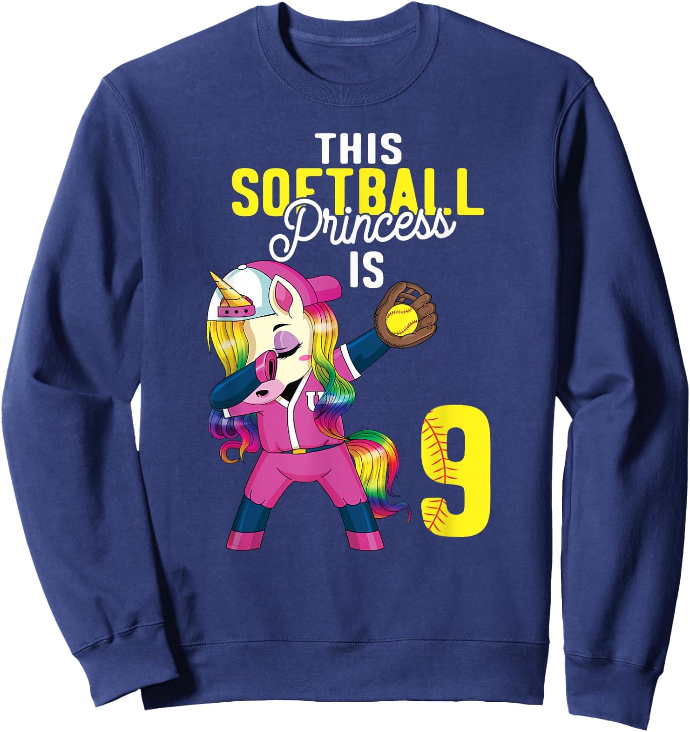 This Softball Princess is 9th Birthday Unicorn Dabbing Gift Sweatshirt - Sweatshirt | Navy