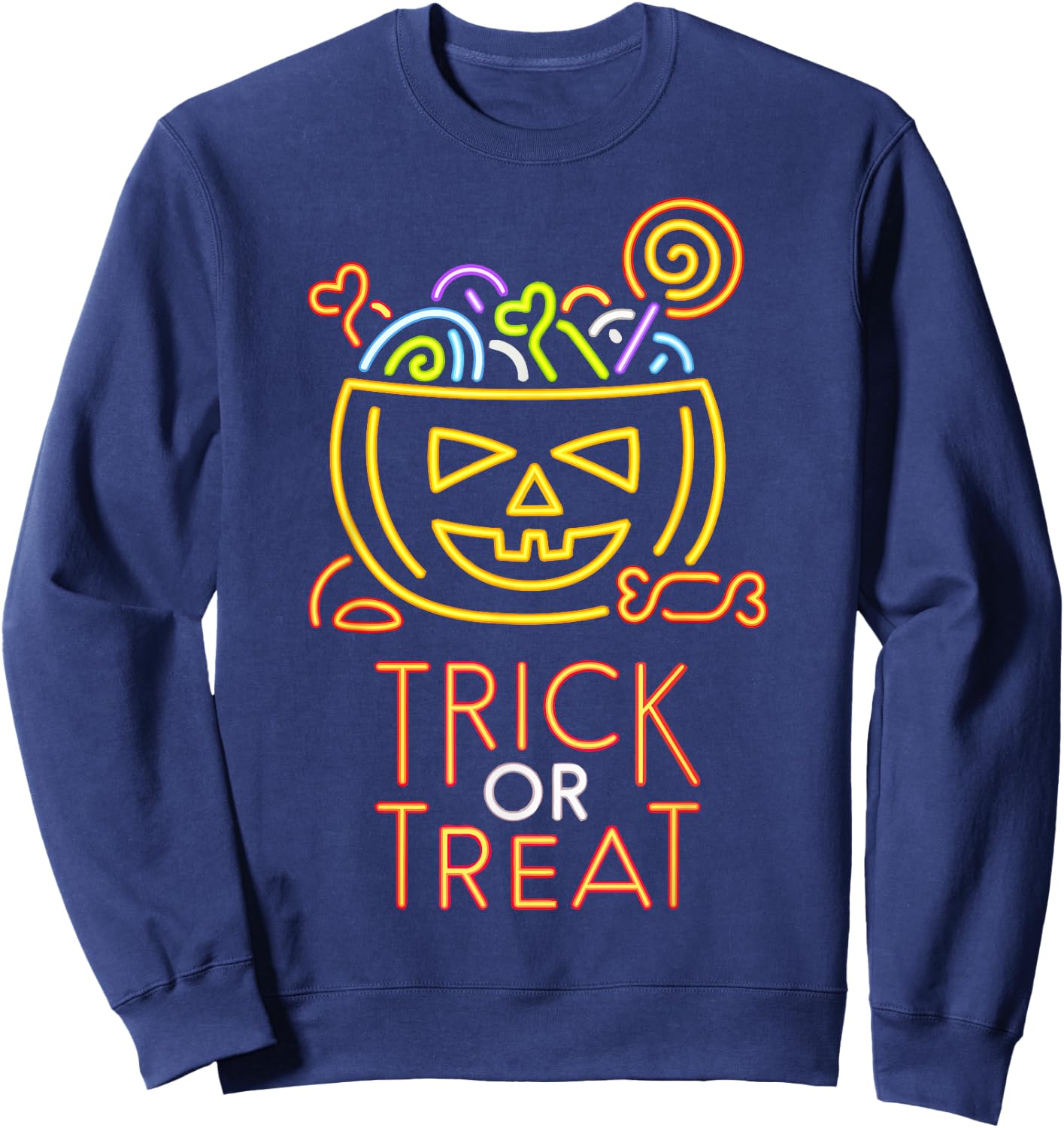 Trick Or Treat Neon Sign Halloween Costume Sweatshirt - Sweatshirt | Navy