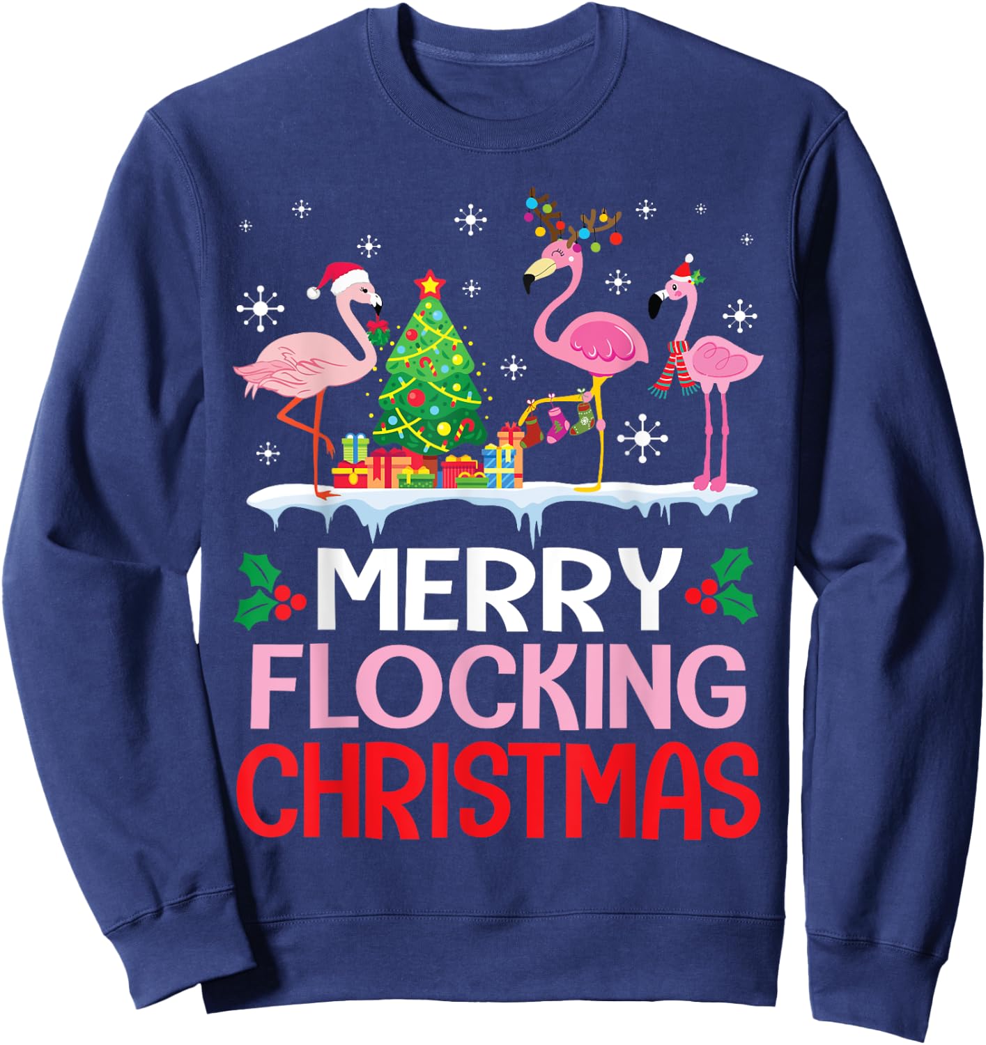 Flamingo Noel Hats Dancing On Snow Merry Flocking Christmas Sweatshirt - Sweatshirt | Navy