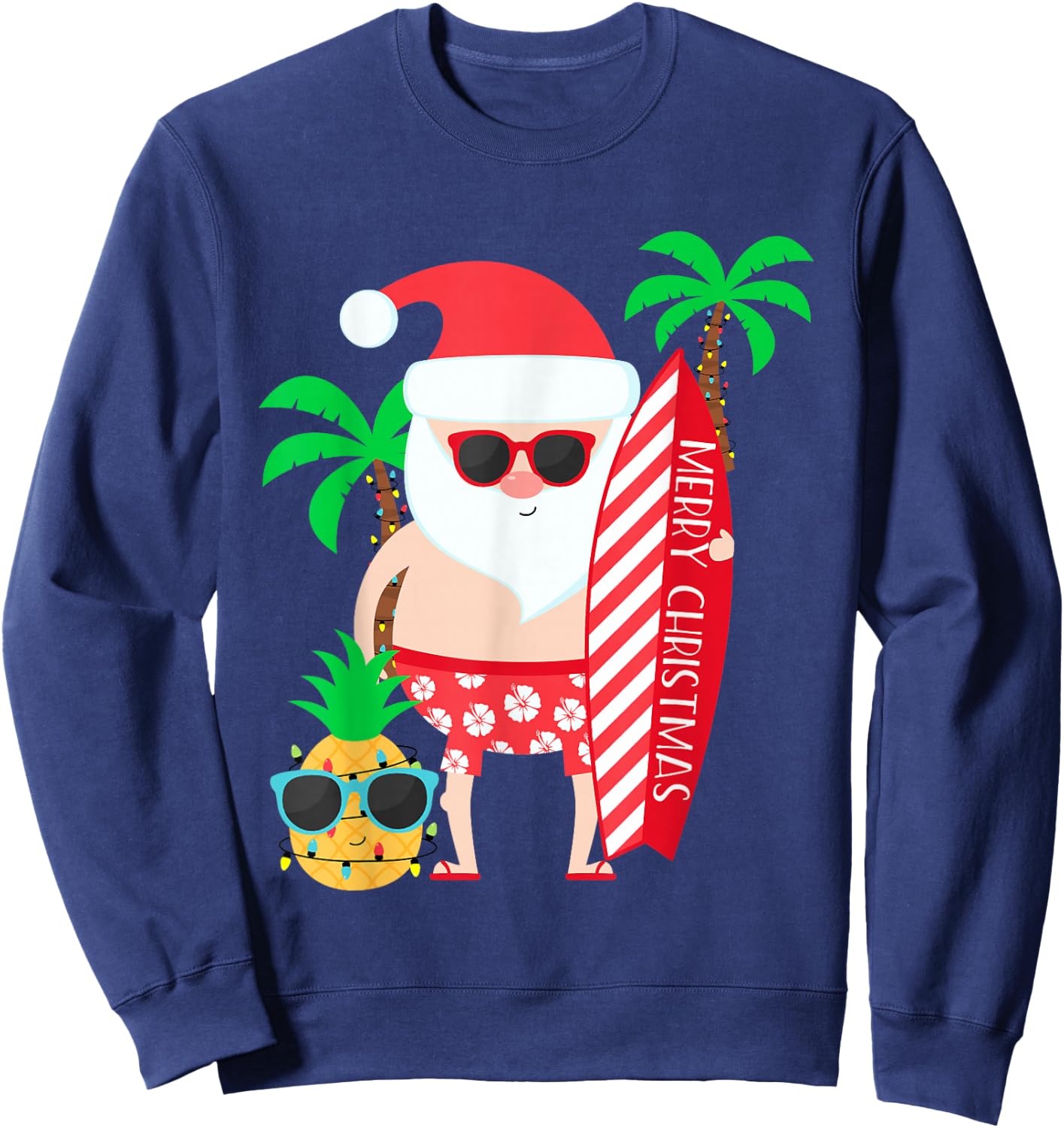 Santa Surfing Hawaiian Beach Christmas in July Tropical Sweatshirt - Sweatshirt | Navy