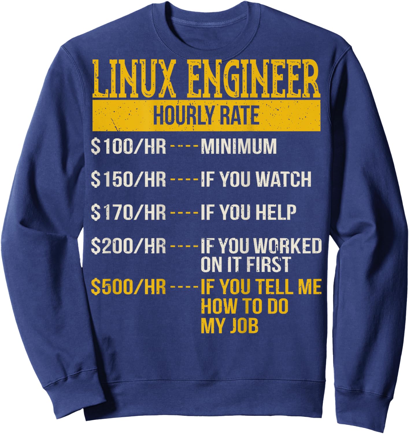 Hourly Rate Shirt for Linux Engineers, Unix Geek Gift Sweatshirt - Sweatshirt | Navy