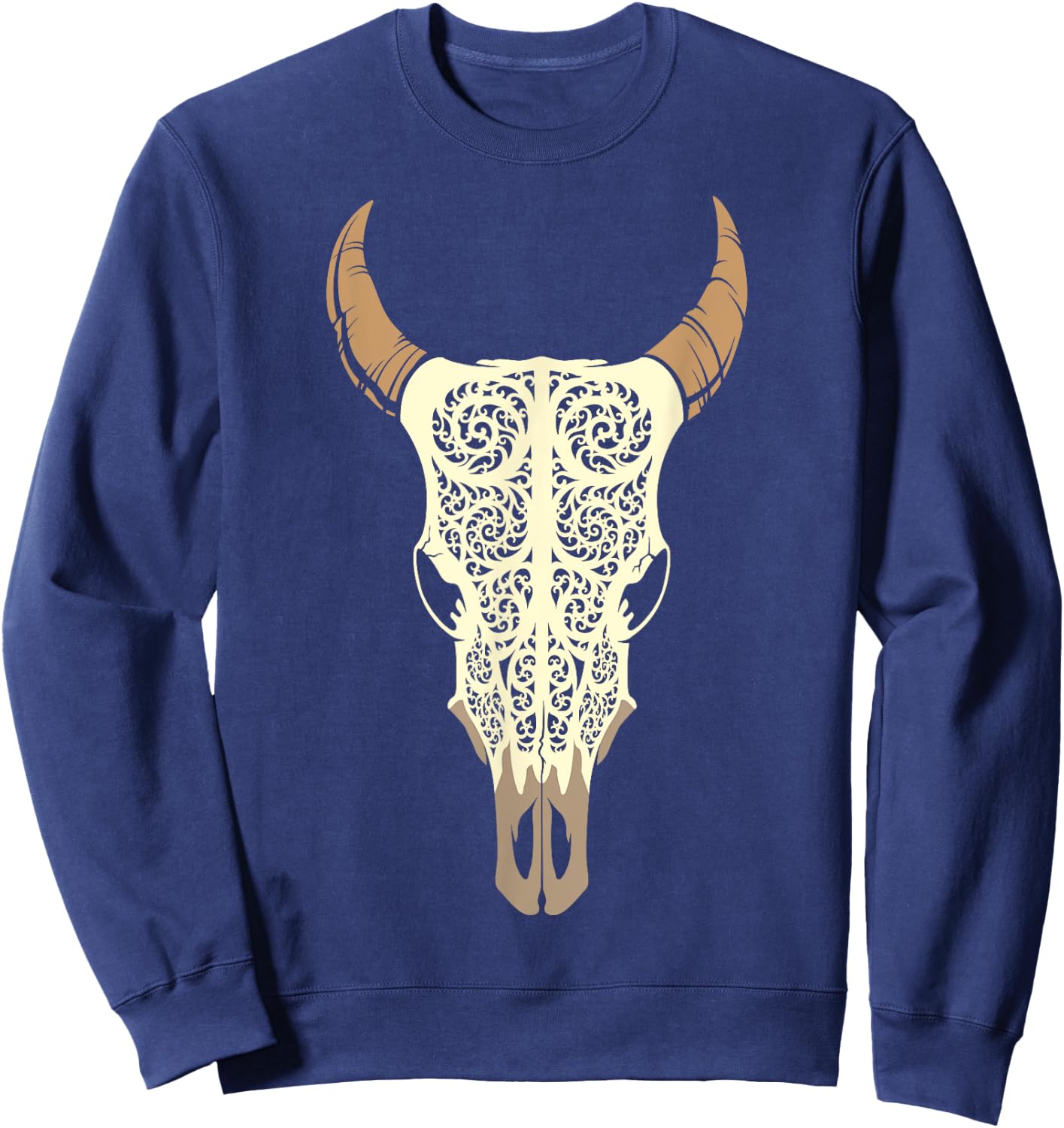 Steer Head Skull Shirt Cow Bull Horn Western Tribal Boho Sweatshirt - Sweatshirt | Navy
