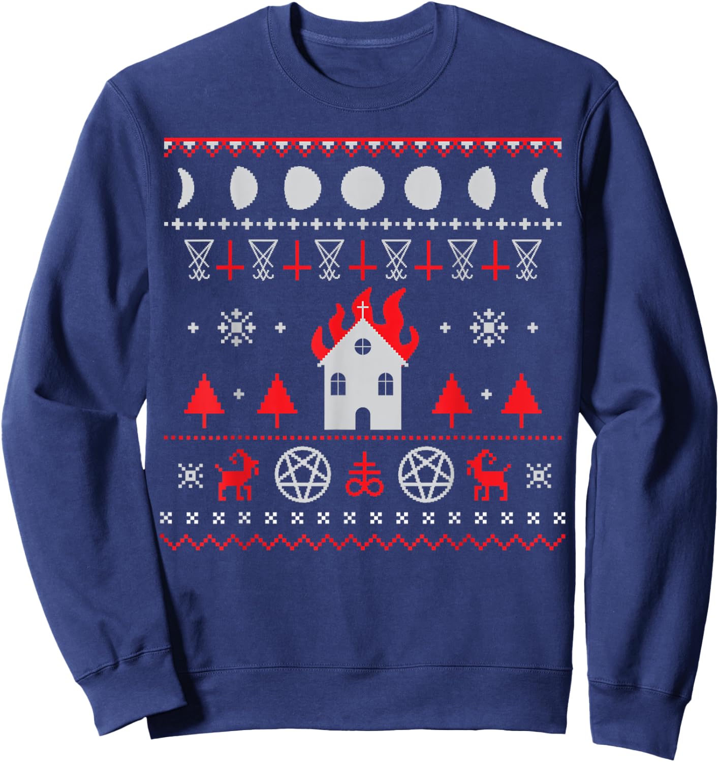 The Eldest Cult | Ugly Anti Christmas Sweater Gift - Burning Church Satanic Lucifer Pentagram Upside Down Cross Sweatshirt - Sweatshirt | Navy