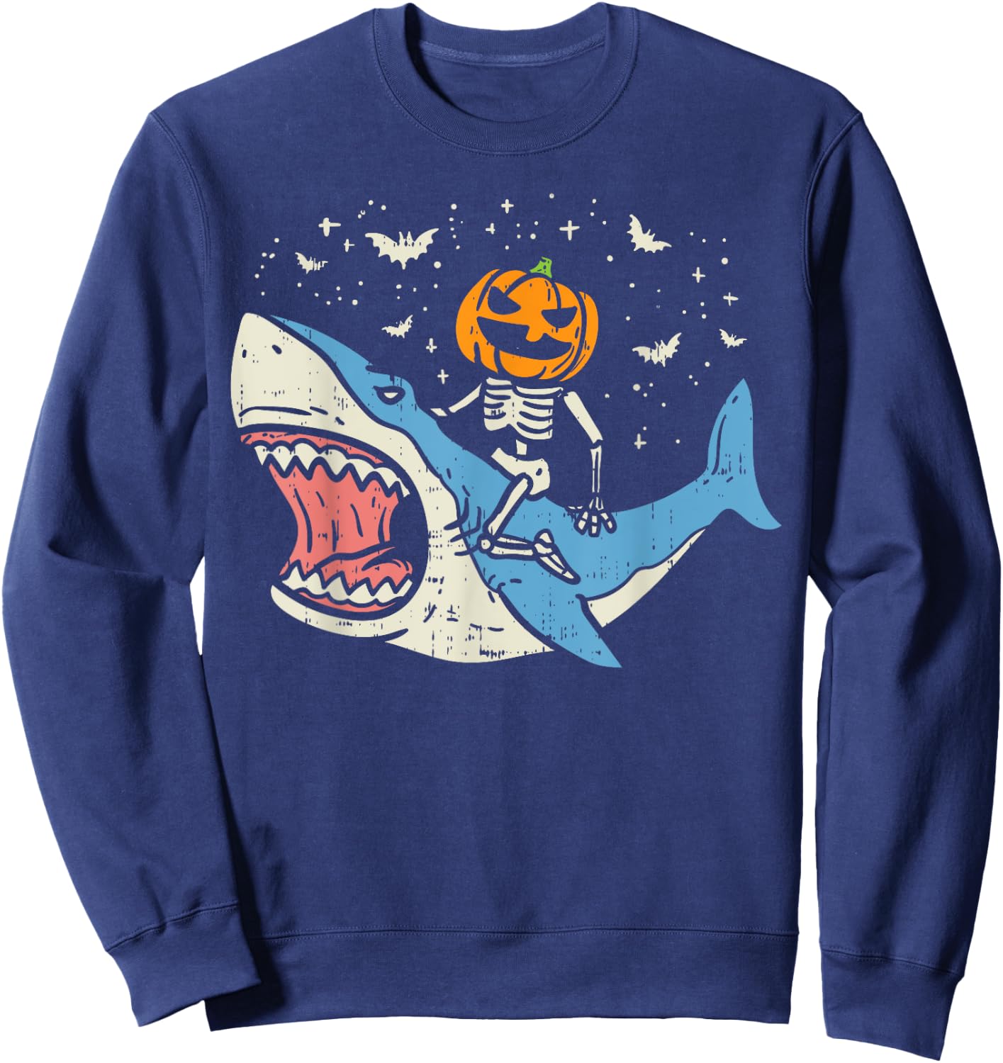 Pumpkin Skeleton Riding Shark Bats Halloween Costume Kids Sweatshirt - Sweatshirt | Navy