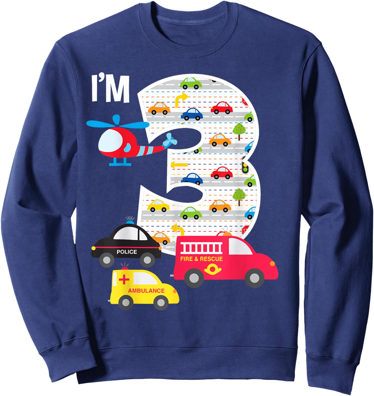 3rd Birthday Fire Truck Police Car 3 Year Old Boys Sweatshirt - Sweatshirt | Navy