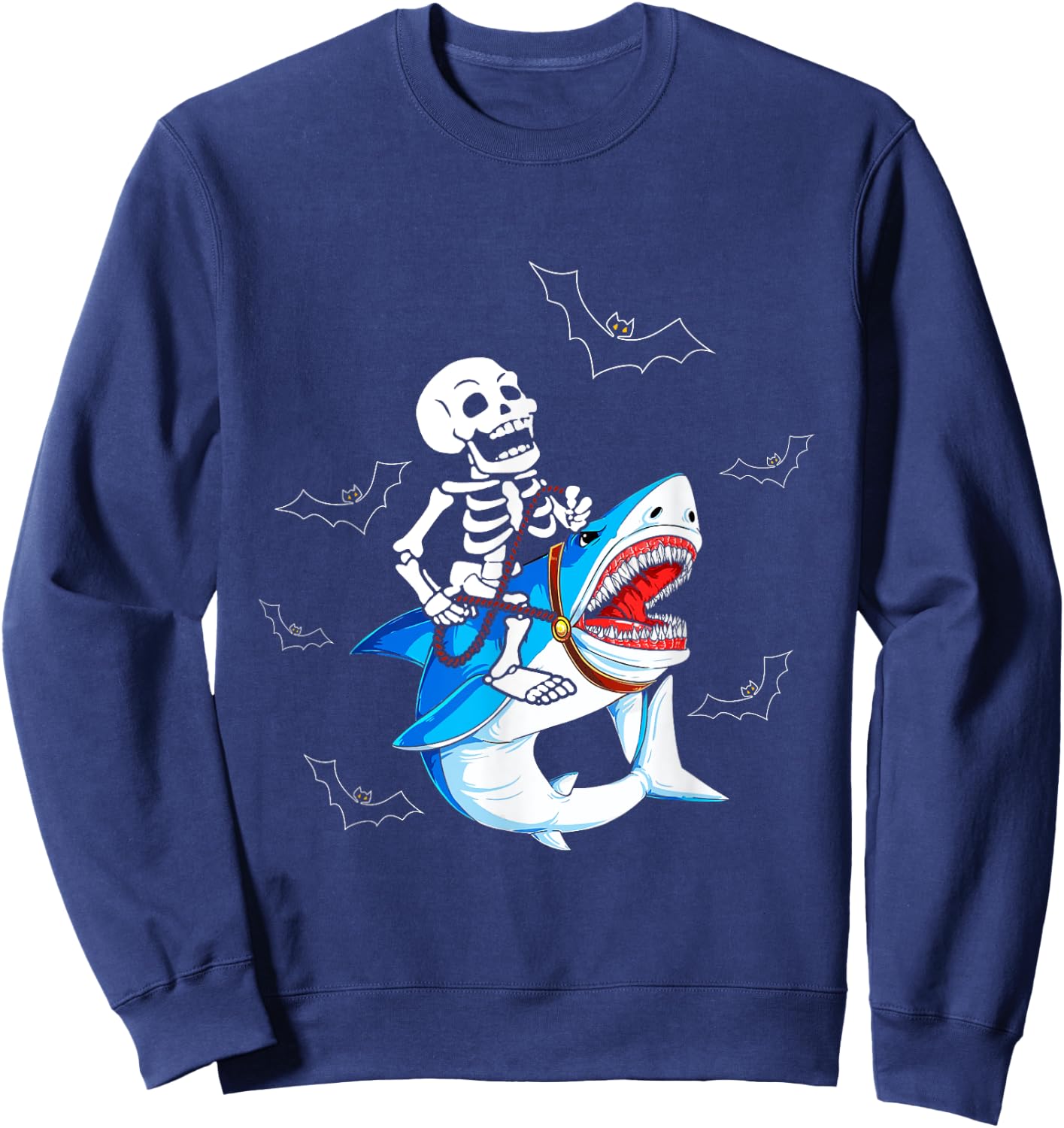 Skeleton Riding Shark Funny Halloween Boys Girls Kids Sweatshirt - Sweatshirt | Navy