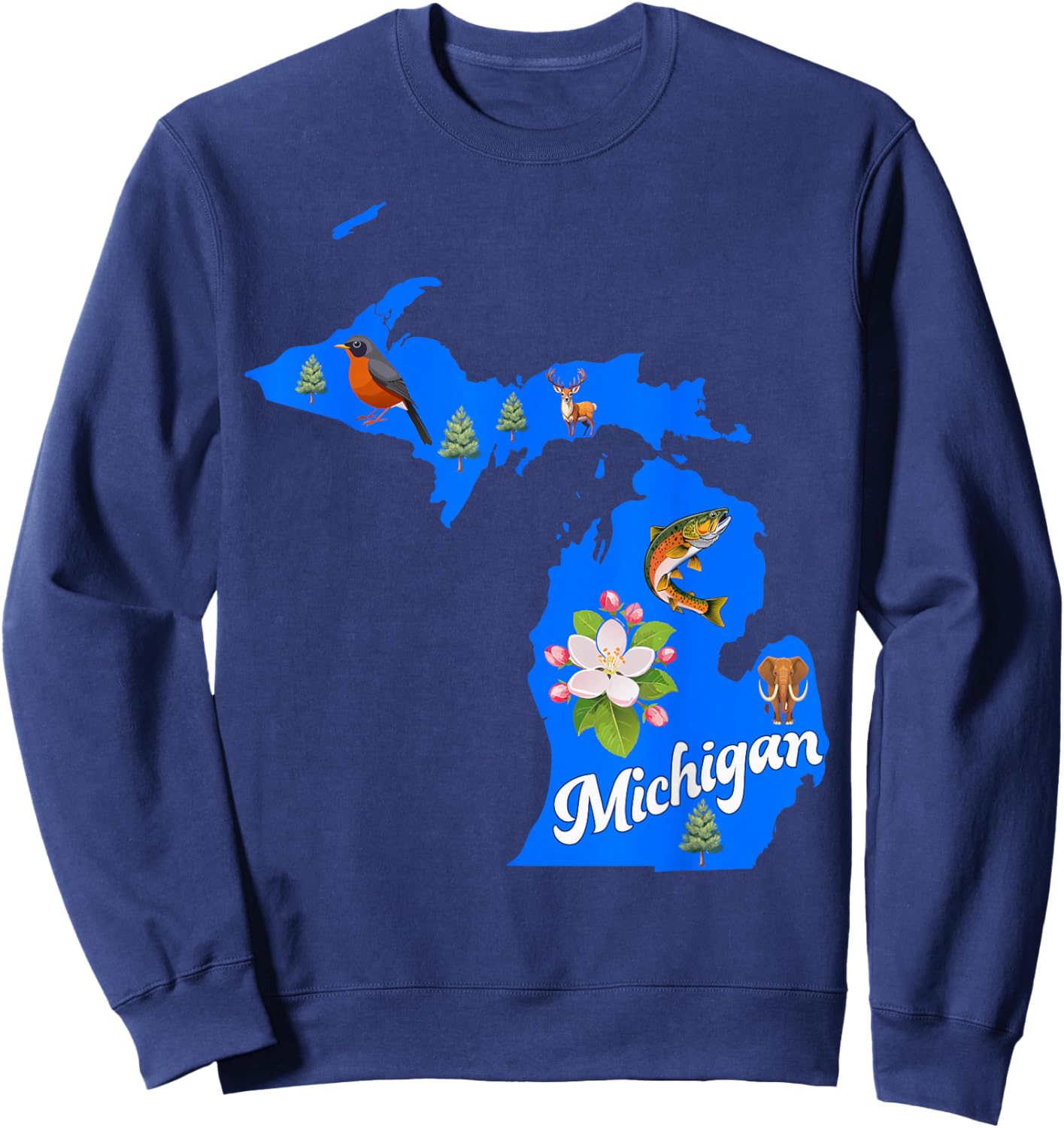 Michigan Map State Symbols Flower Bird Fish Sweatshirt - Sweatshirt | Navy