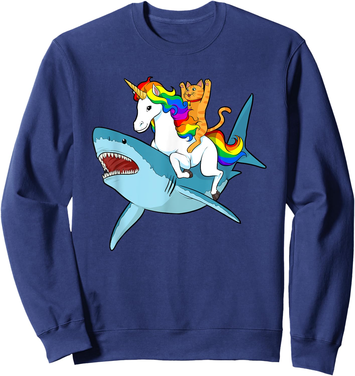 Cat Riding Unicorn Riding Shark Design Sweatshirt - Sweatshirt | Navy
