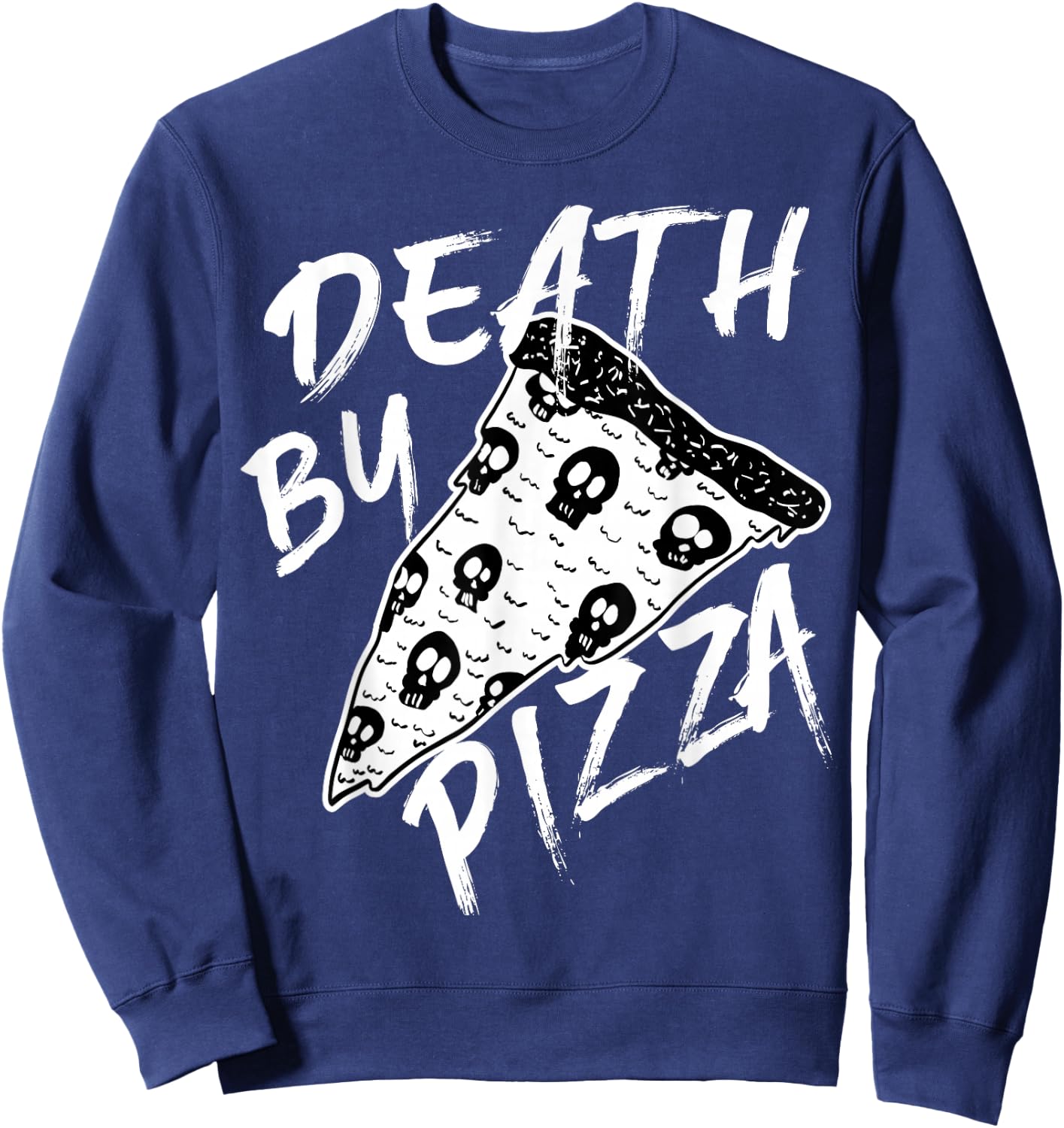 Death by Pizza Pepperoni Skulls Metal Text Halloween Sweatshirt - Sweatshirt | Navy