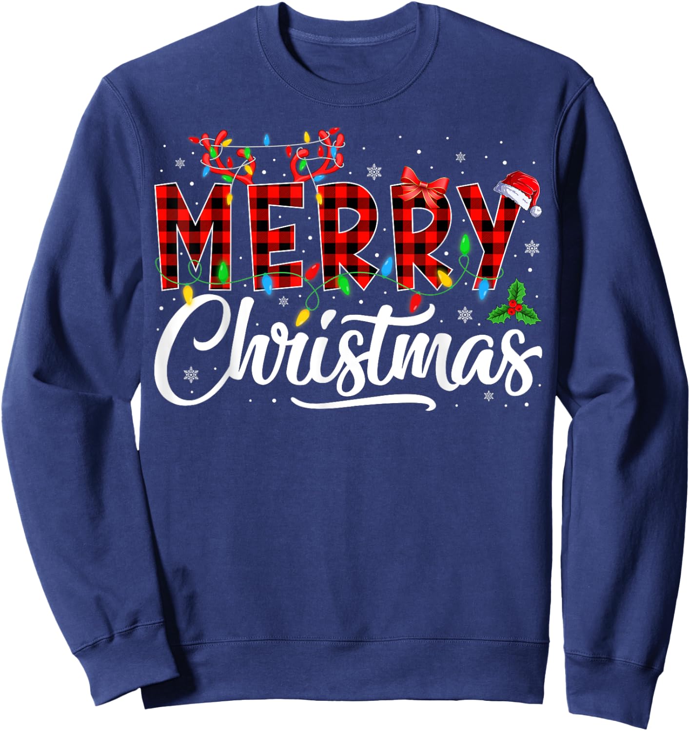 Merry Christmas Buffalo Plaid Red Santa Hat Pajama Men Women Sweatshirt - Sweatshirt | Navy
