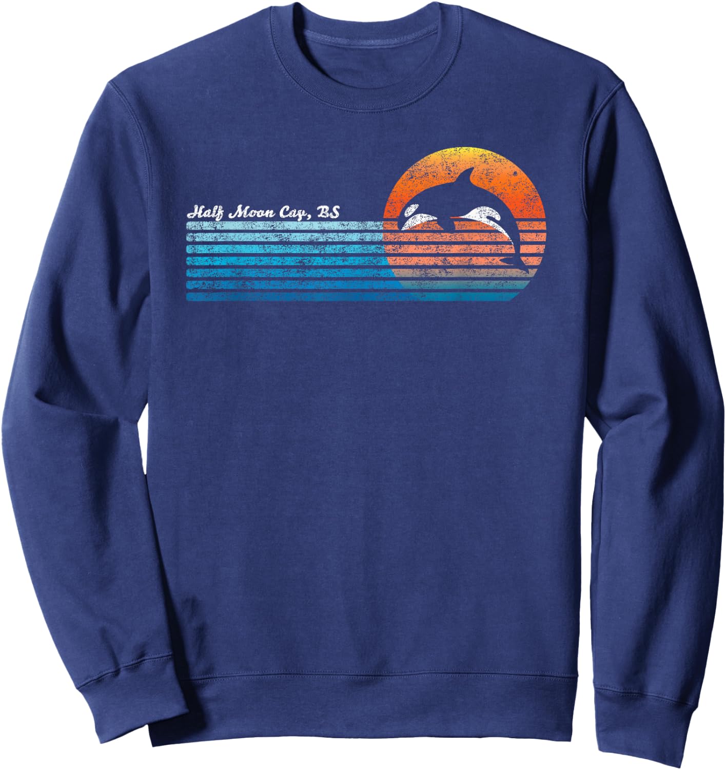 Vintage Half Moon Cay, Bahamas Retro 80s Orka Sunset Sweatshirt - Sweatshirt | Navy