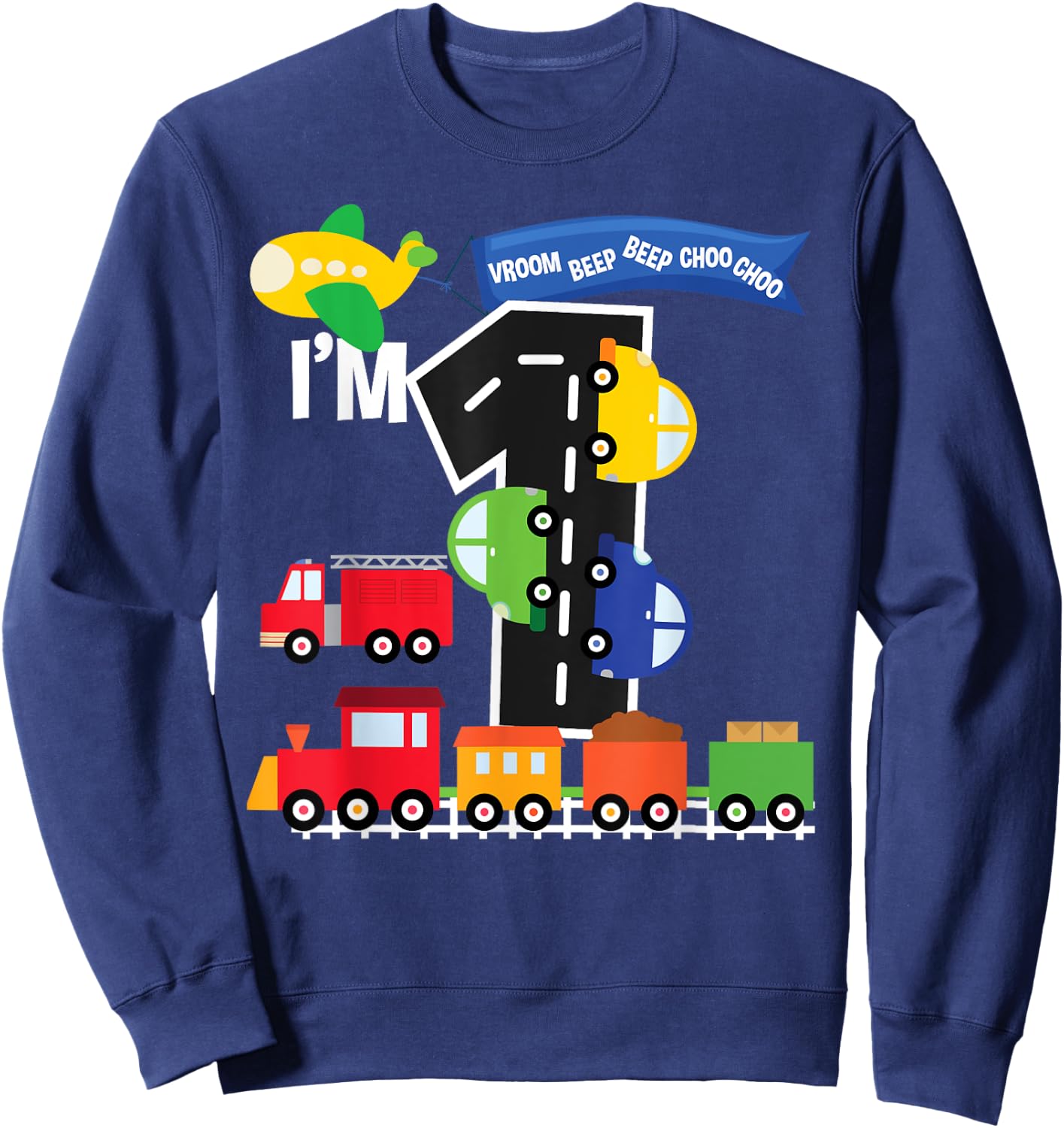 Transportation 1st Birthday Airplane Cars Fire Truck Train Sweatshirt - Sweatshirt | Navy