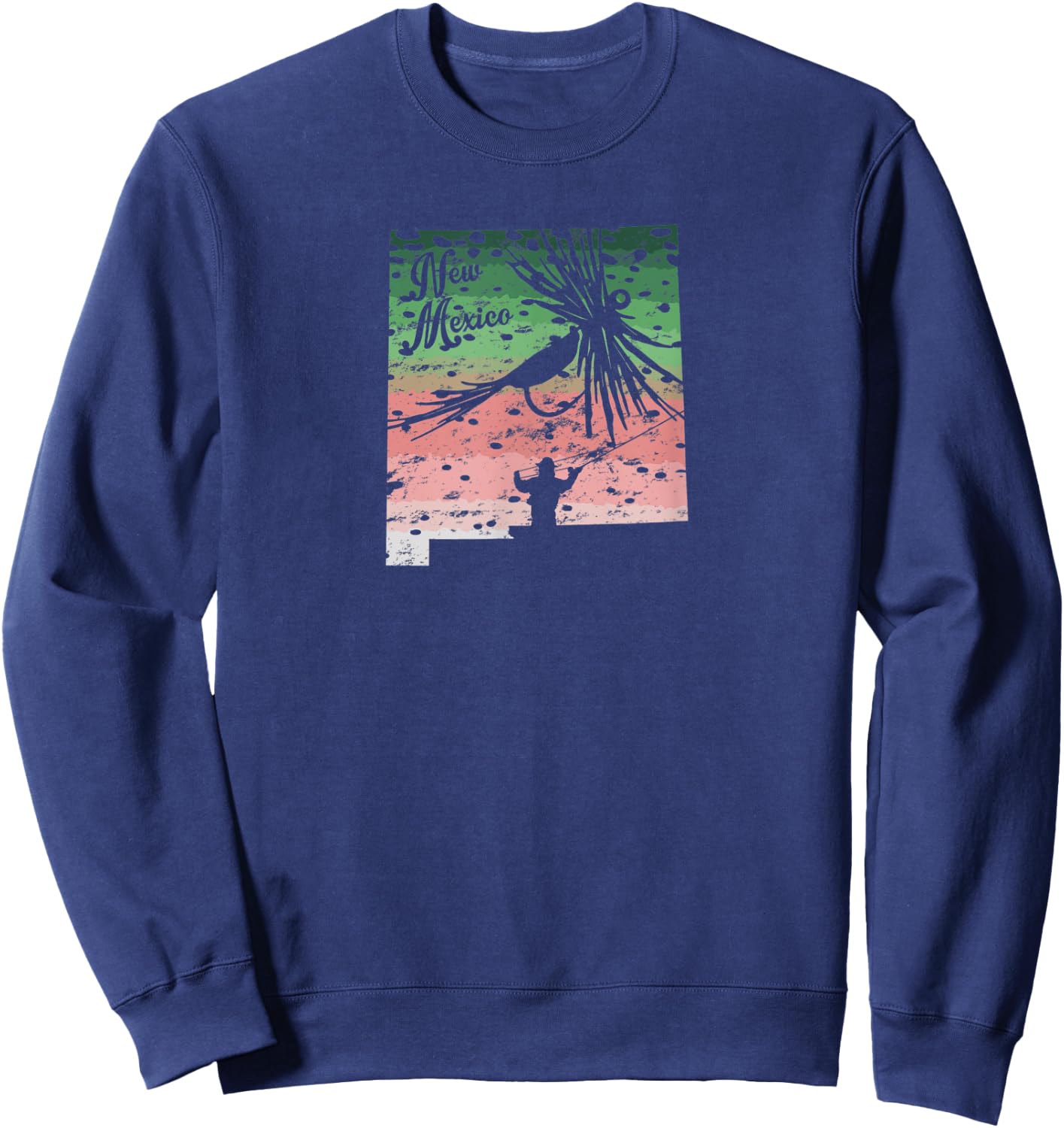 Vintage Big Fly Rainbow Trout New Mexico Map Fly Fishing Sweatshirt - Sweatshirt | Navy