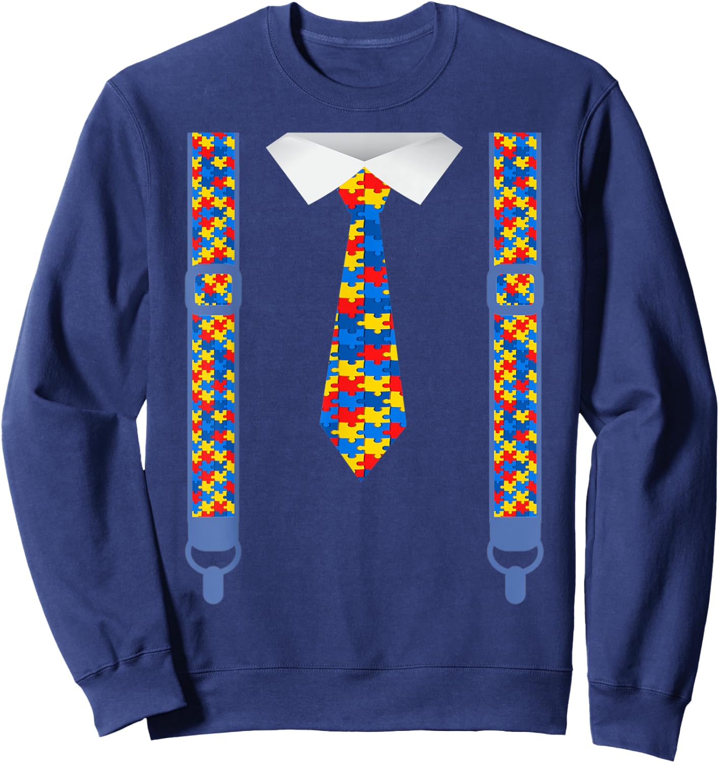 Autism awareness tie and suspenders Puzzle pieces Sweatshirt - Sweatshirt | Navy