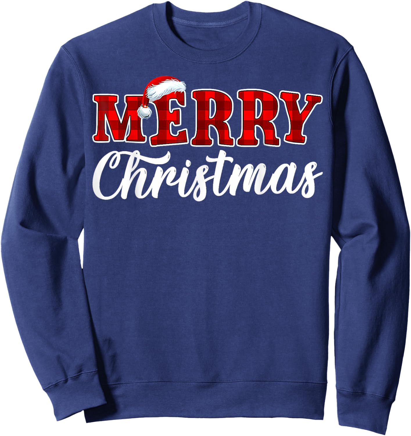 Merry Christmas Buffalo Plaid Red Santa Hat Xmas Pajamas Sweatshirt - Sweatshirt | Navy