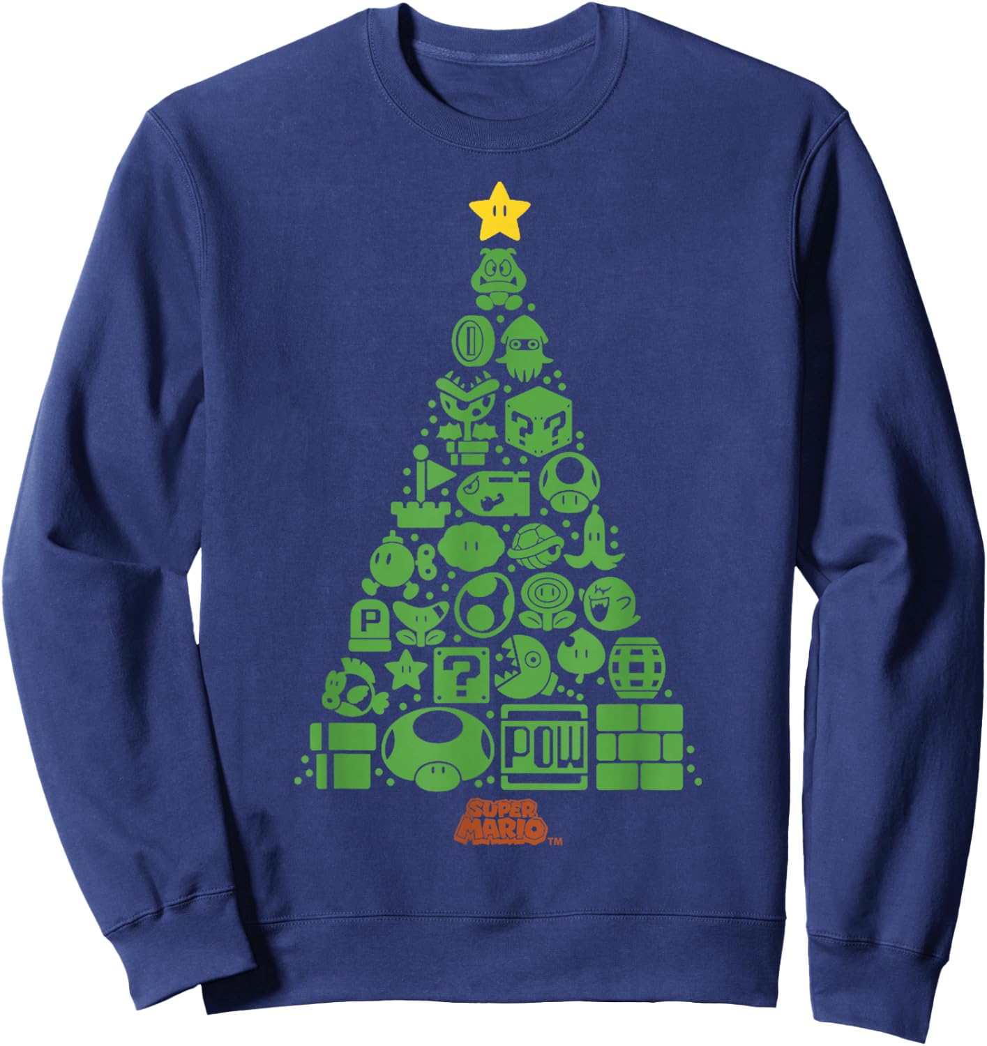 Super Mario Item Characters Christmas Tree Graphic Short Sleeve Black Sweatshirt - Sweatshirt | Navy