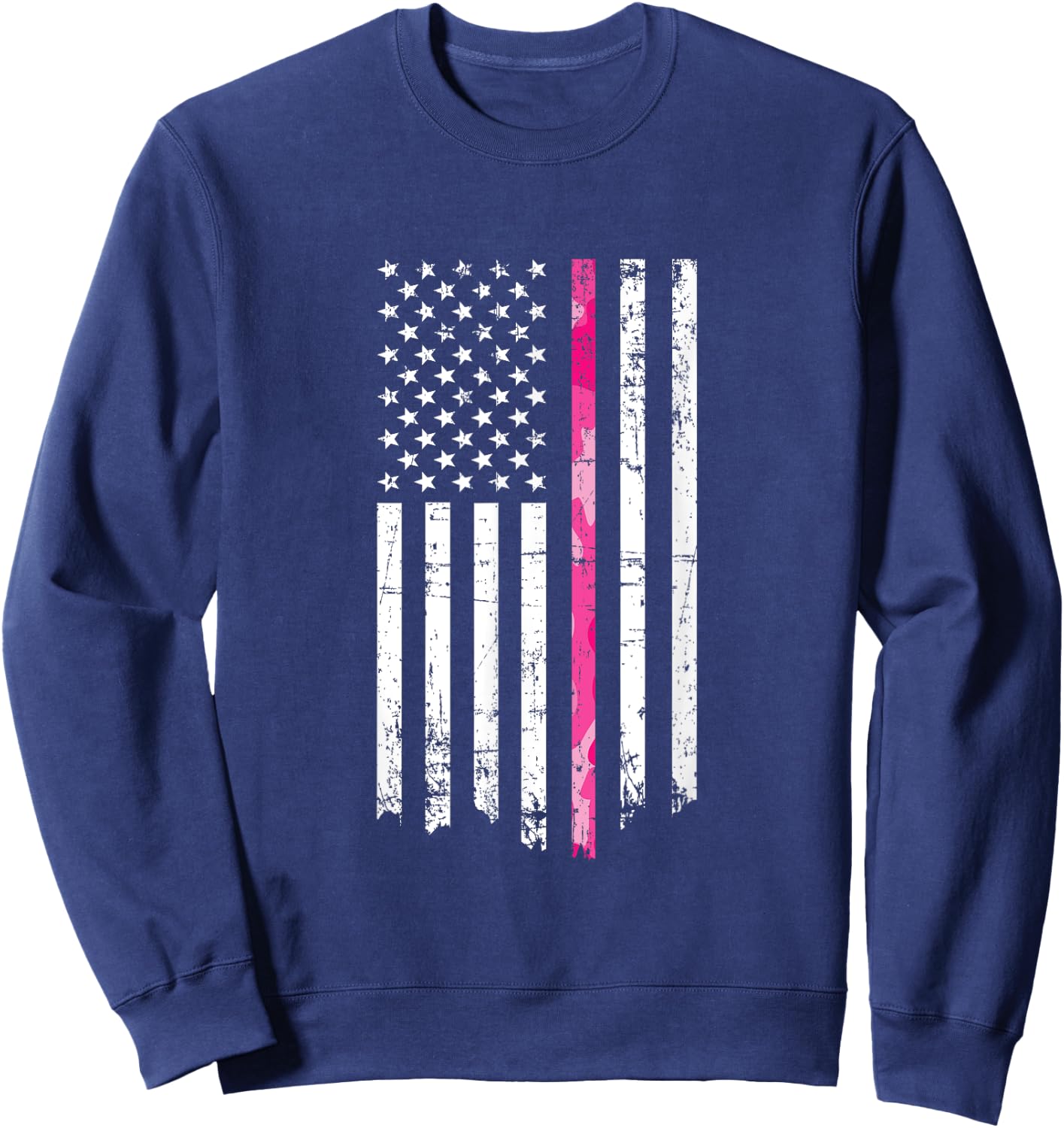 Pink Camouflage Stripe Breast Cancer American Flag Men Sweatshirt - Sweatshirt | Navy