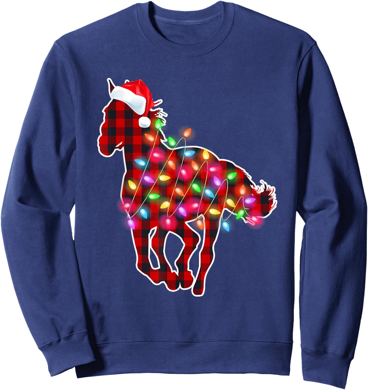 Plaid Buffalo Horse Christmas Pajamas Xmas Lights Women Girl Sweatshirt - Sweatshirt | Navy