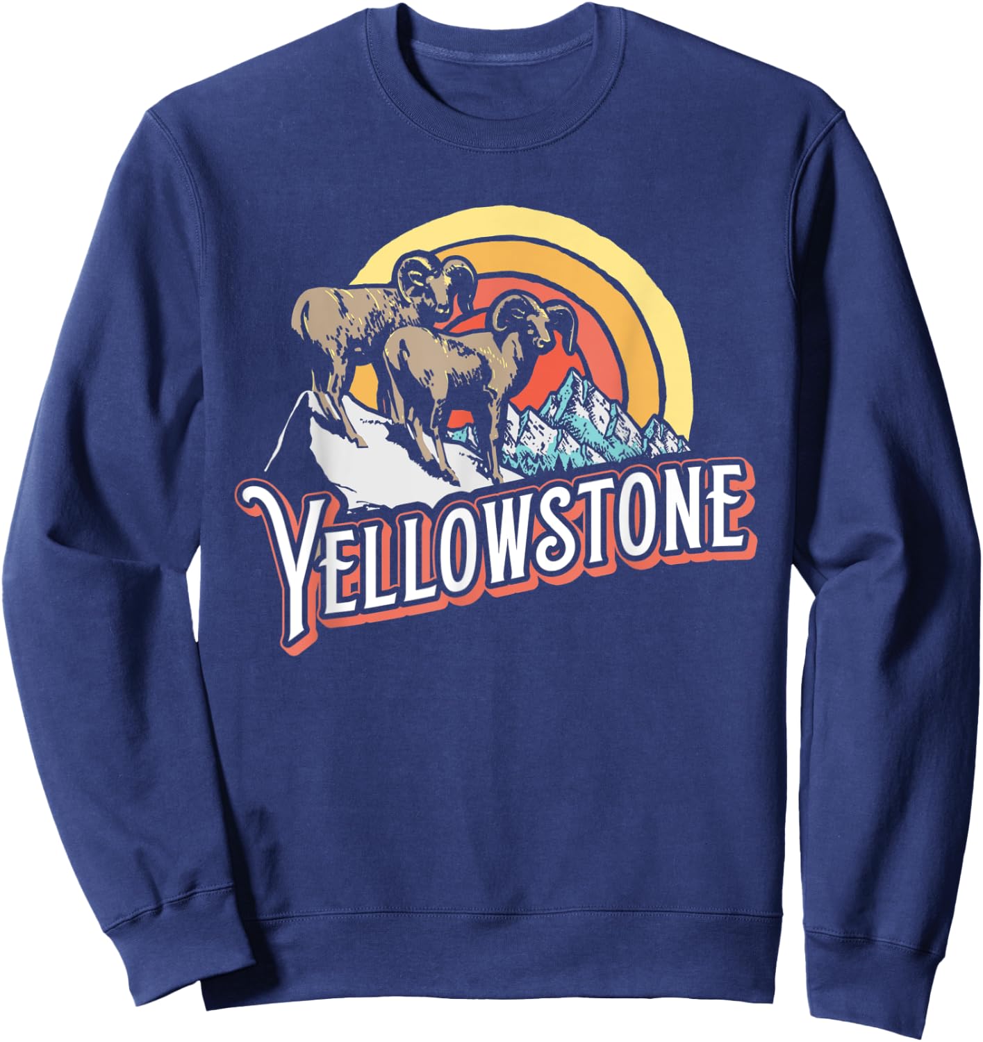 Vintage Big Horned Sheep Yellowstone Sun & Mountain Graphic Sweatshirt - Sweatshirt | Navy