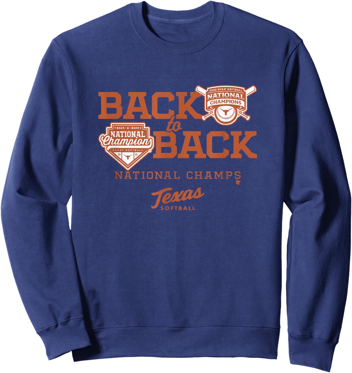 Back-to-Back National Champions - Texas Longhorns Softball Sweatshirt - Sweatshirt | Navy