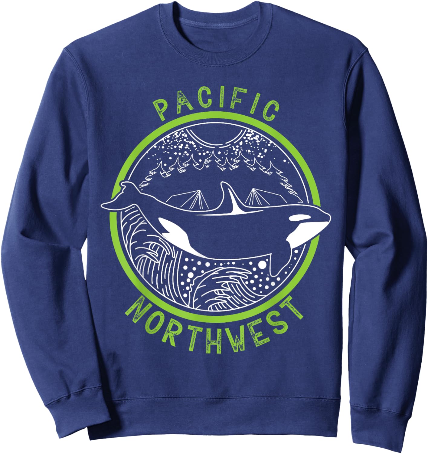 Pacific Northwest Orca Whale Tree Mountain Ocean PNW Sweatshirt - Sweatshirt | Navy