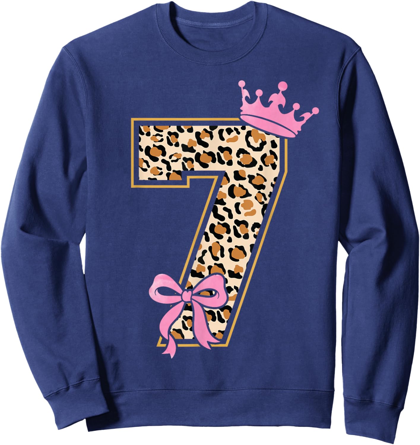 7th Birthday Girl Pink Coquette Bow Leopard 7 Year Old Sweatshirt - Sweatshirt | Navy