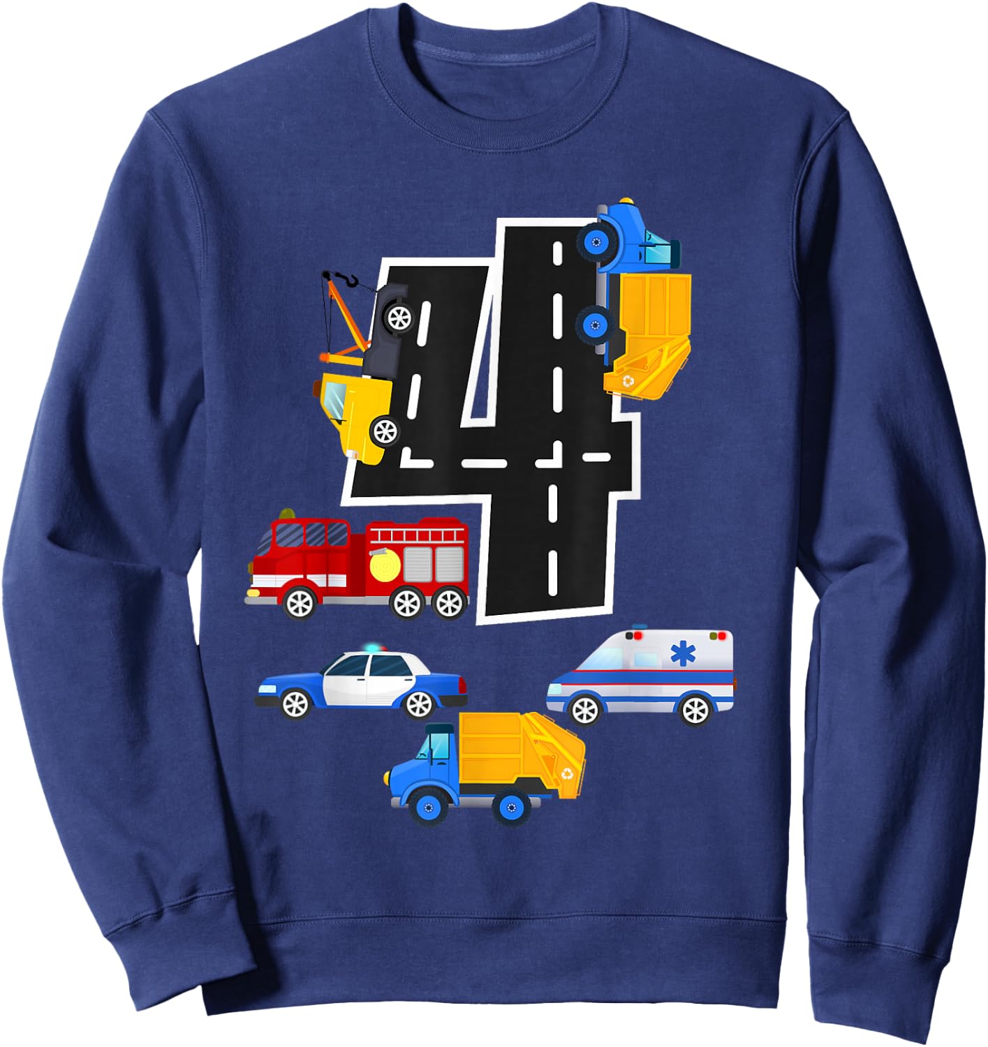 4th Birthday Boys Fire Truck Police Car 4 Year Old Sweatshirt - Sweatshirt | Navy