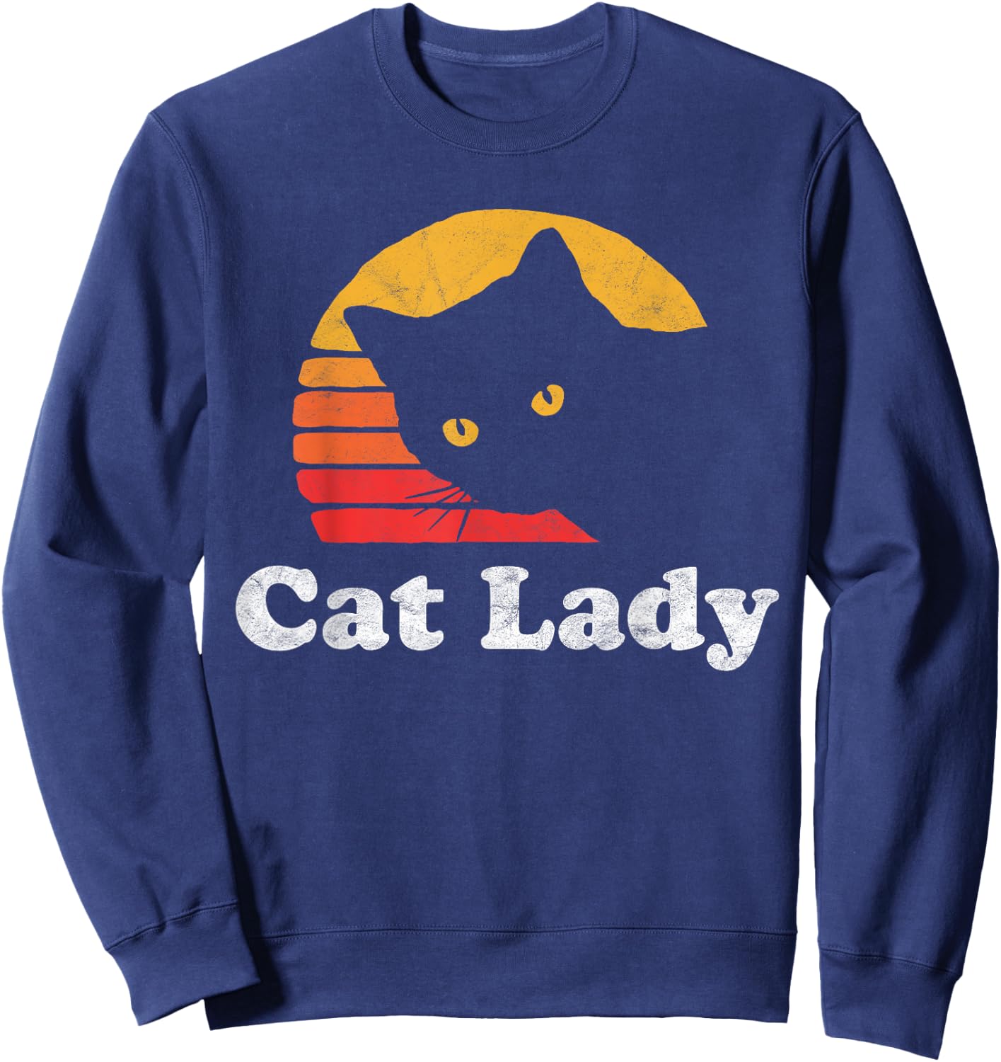 Vintage Retro Style Cat Lady 80's Sun Distressed Funny Sweatshirt - Sweatshirt | Navy
