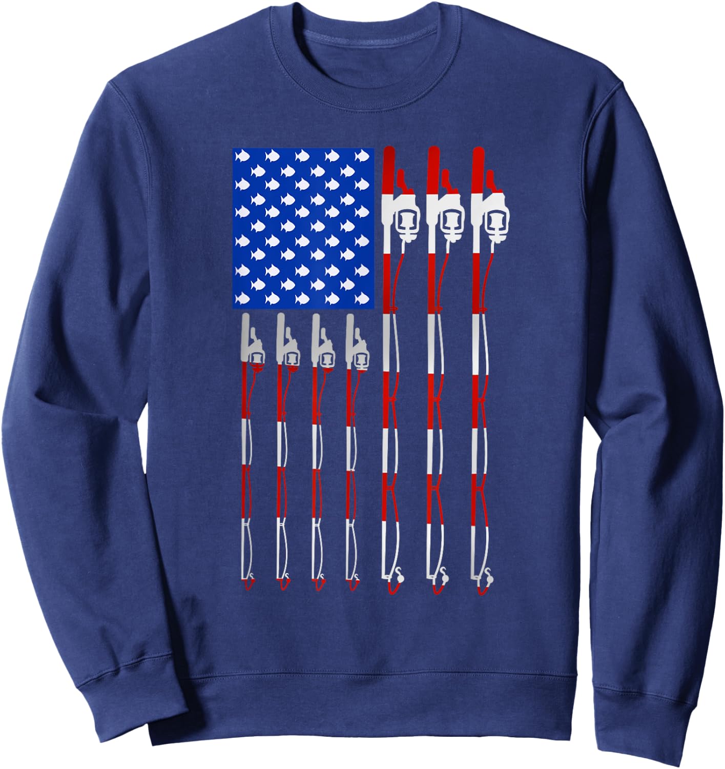Patriotic Fishing American USA Flag Fishing Pole Women Kids Men Sweatshirt - Sweatshirt | Navy