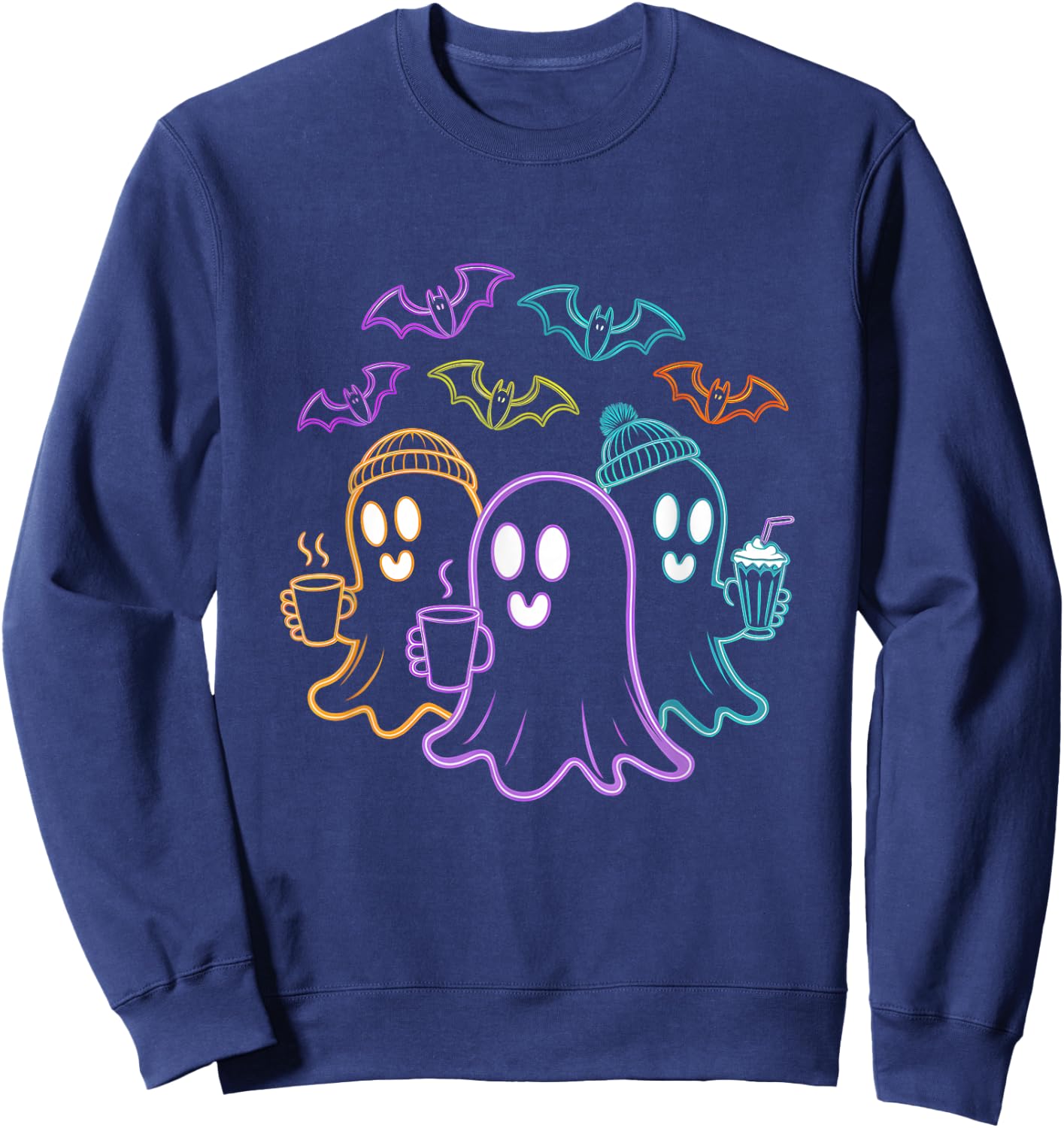 Ghosts Coffee Crew Cute Halloween Design Sweatshirt - Sweatshirt | Navy