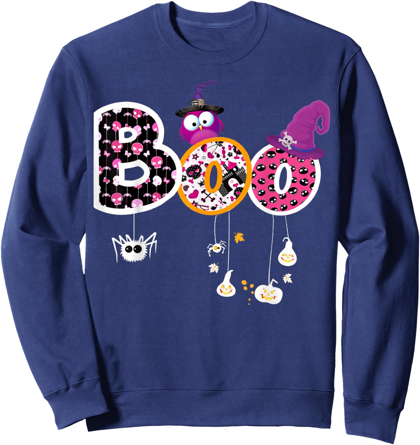 Boo Halloween Costume Spiders, Ghosts, Pumkin & Witch Hat Sweatshirt - Sweatshirt | Navy