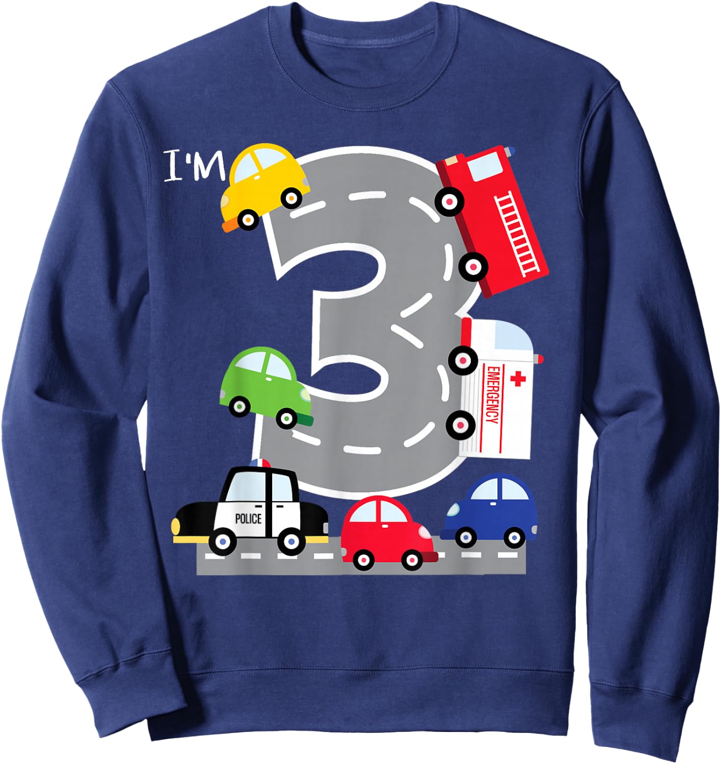 3rd Birthday 3 Year Old Transportation Cars Fire Truck Sweatshirt - Sweatshirt | Navy