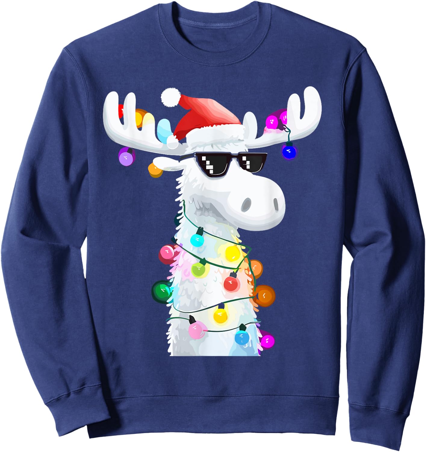 Funny Christmas Moose with Sunglasses and Holiday Lights Sweatshirt - Sweatshirt | Navy