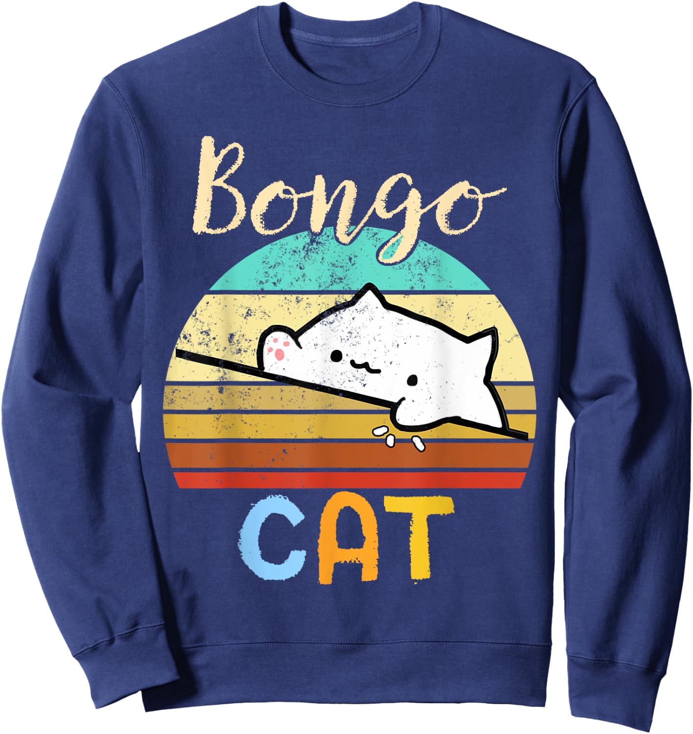 vintage sunset Bongo Cat cute Gamer meme gift Women Kids Sweatshirt - Sweatshirt | Navy