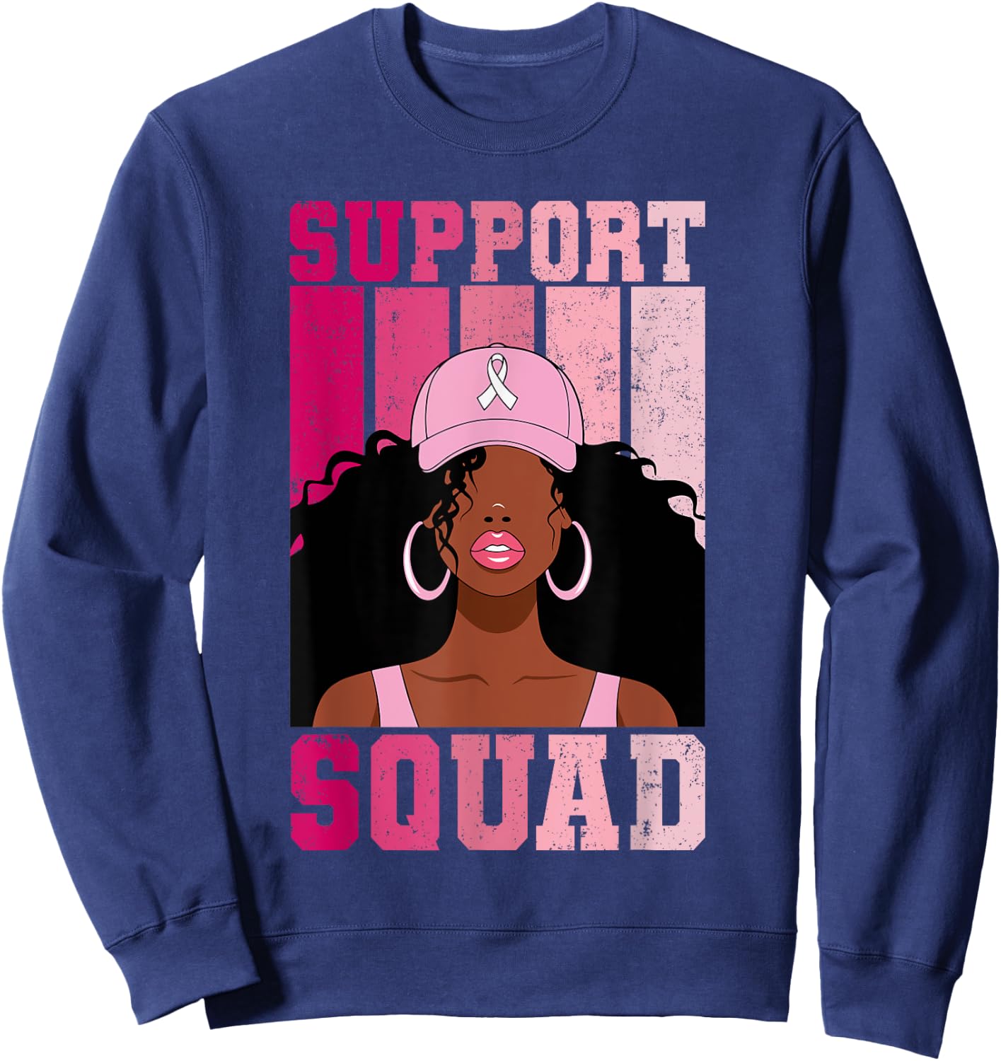 Black Woman Pink Ribbon October Breast Cancer Support Squad Sweatshirt - Sweatshirt | Navy