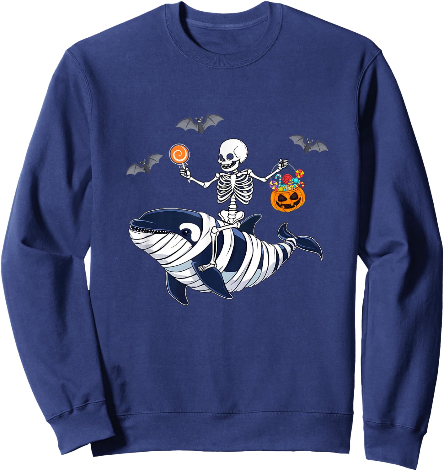 Skeleton Riding Mummy Orca Halloween Costume Whale Sweatshirt - Sweatshirt | Navy