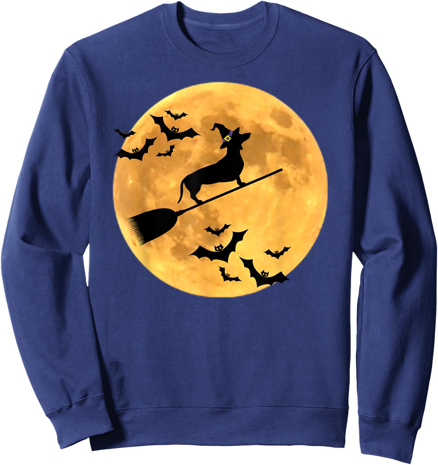 Dachshund Witch Dog Halloween Moon Broomstick Broom Men Women Kids Sweatshirt - Sweatshirt | Navy