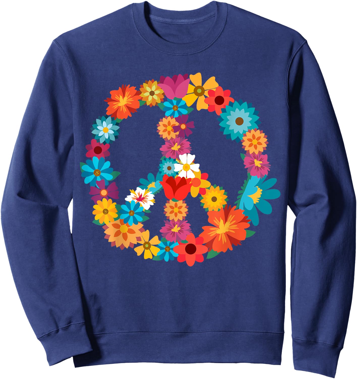 Peace Love | 60's 70's Hippie Costume Colorful Flowers Sweatshirt - Sweatshirt | Navy