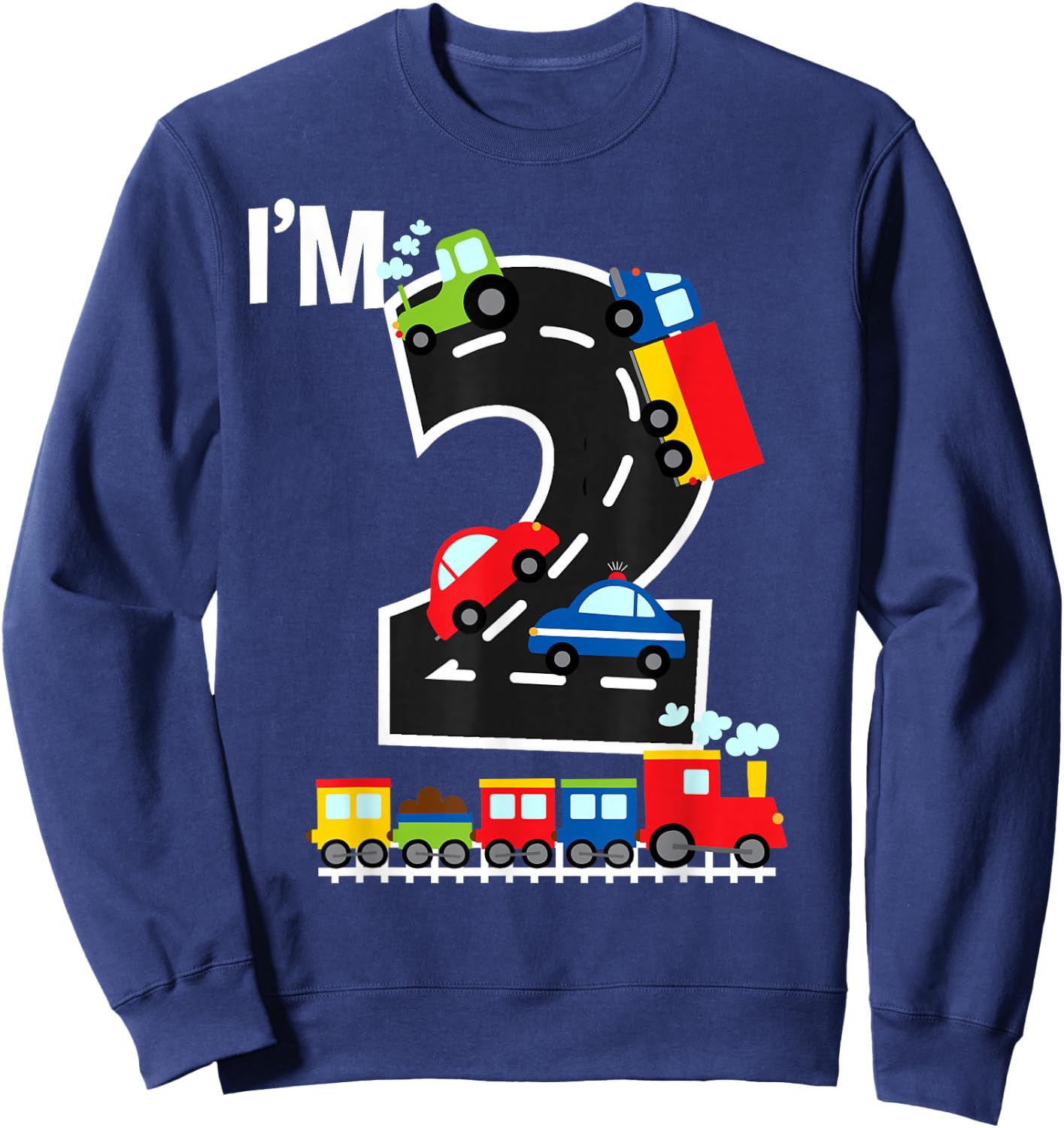 I'm 2 Birthday Boy 2nd Bday Trains Cars Trucks Number Sweatshirt - Sweatshirt | Navy